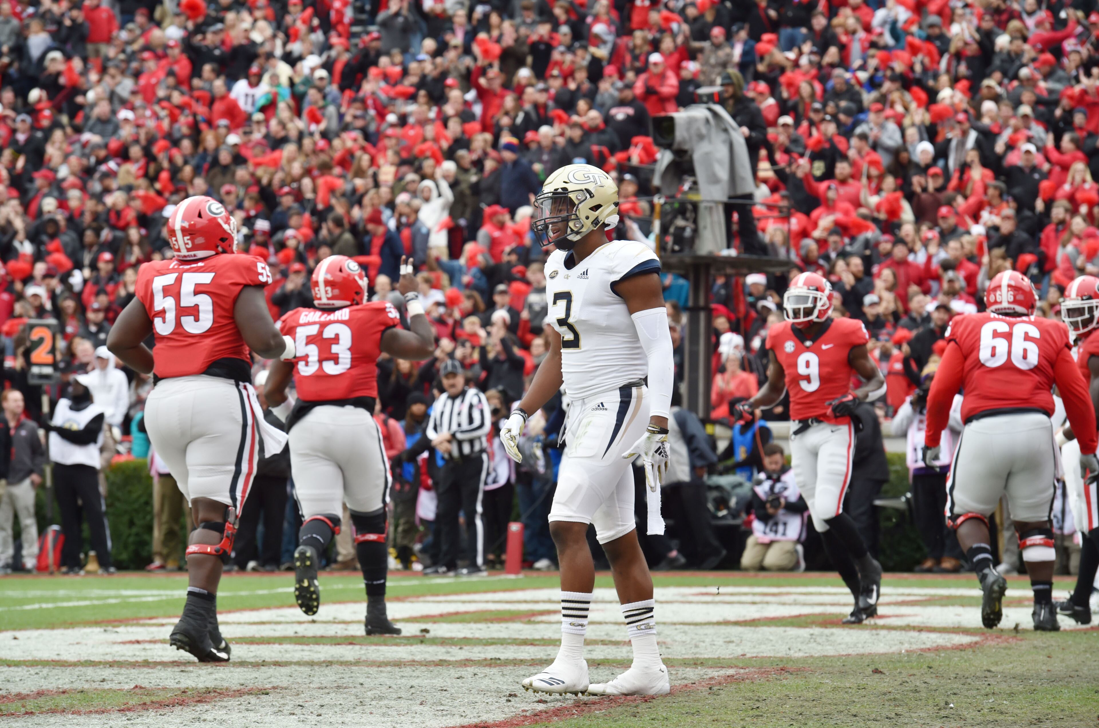 November 24, 2018 Athens - Georgia Tech defensive back Tre Swilling (3) reacts as Georgia players celebrate their touchdown during the first half in a NCAA college football game at Sanford Stadium on Saturday, November 24, 2018. Georgia won 45 - 21 over the Georgia Tech. HYOSUB SHIN / HSHIN@AJC.COM