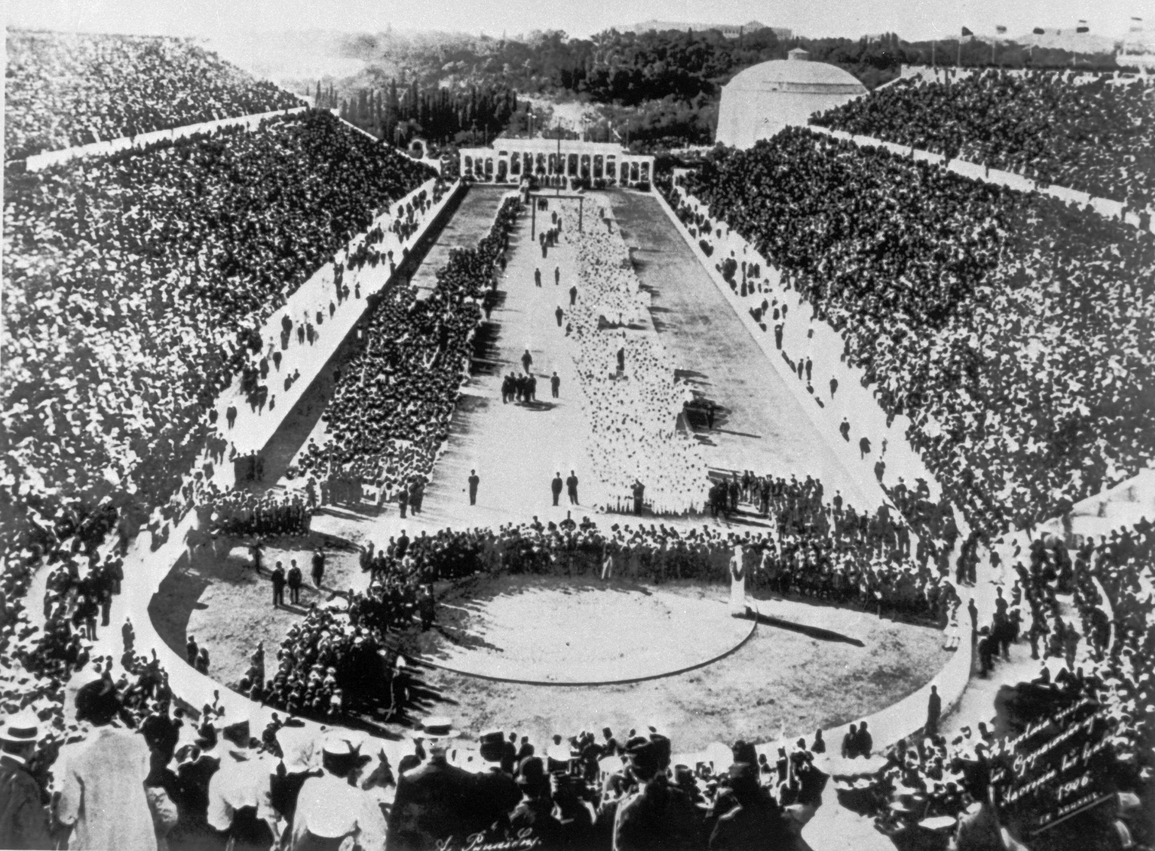The first "modern" Olympic Stadium, Panathenaic Stadium, was reconstructed from the remains of an ancient Greek stadium, and is the only major stadium in the world built entirely of white marble. (1896 photo)
