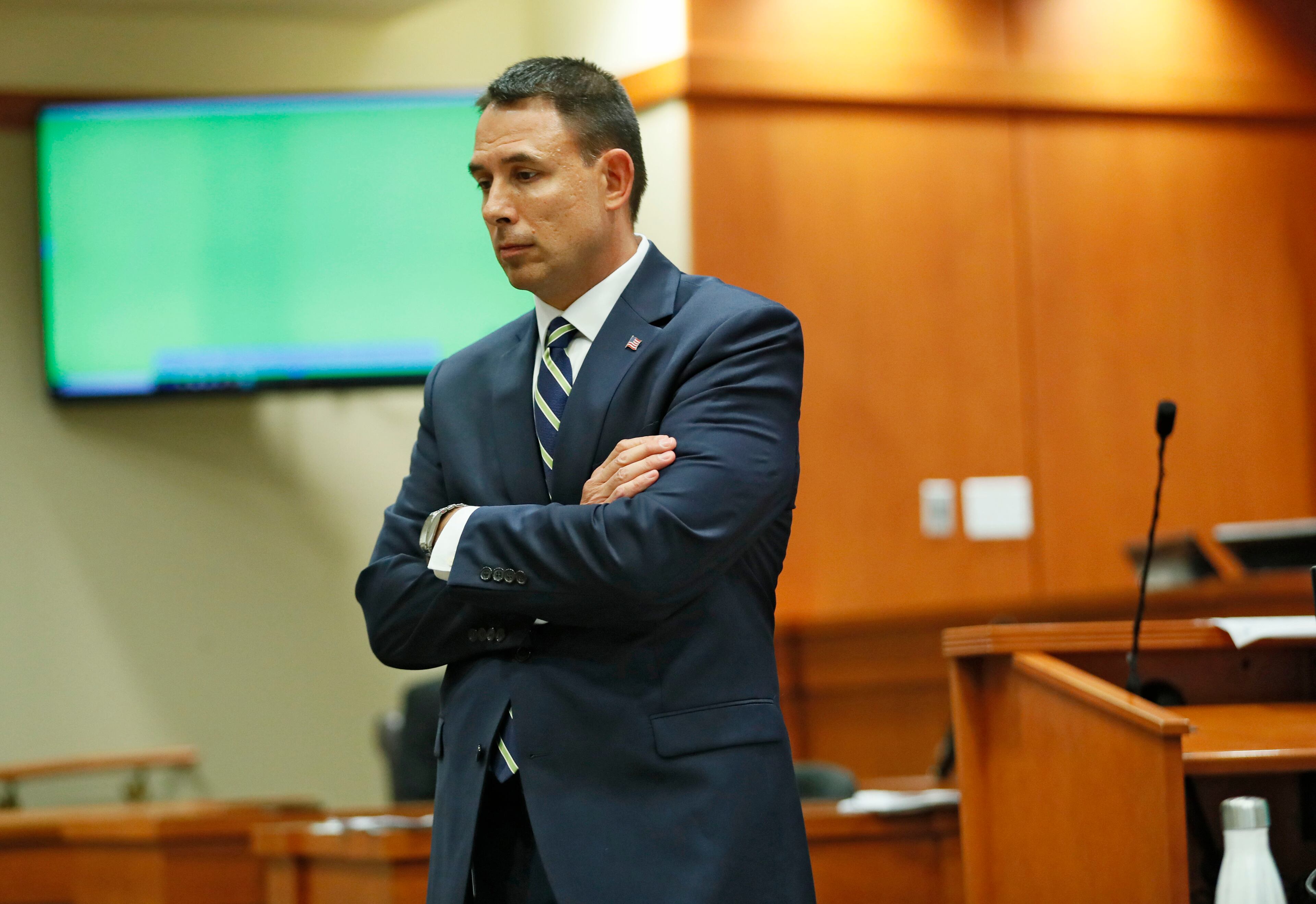 October 2, 2019 - Decatur - Prosecutor Pete Johnson waits for the next prosecution witness, DeKalb police officer Lyn Anderson, who arrived at the scene shortly after the shooting, to take the stand. The murder trial of former DeKalb County police officer Robert "Chip" Olsen continued today. Olsen is charged with murdering war veteran Anthony Hill. Bob Andres / robert.andres@ajc.com