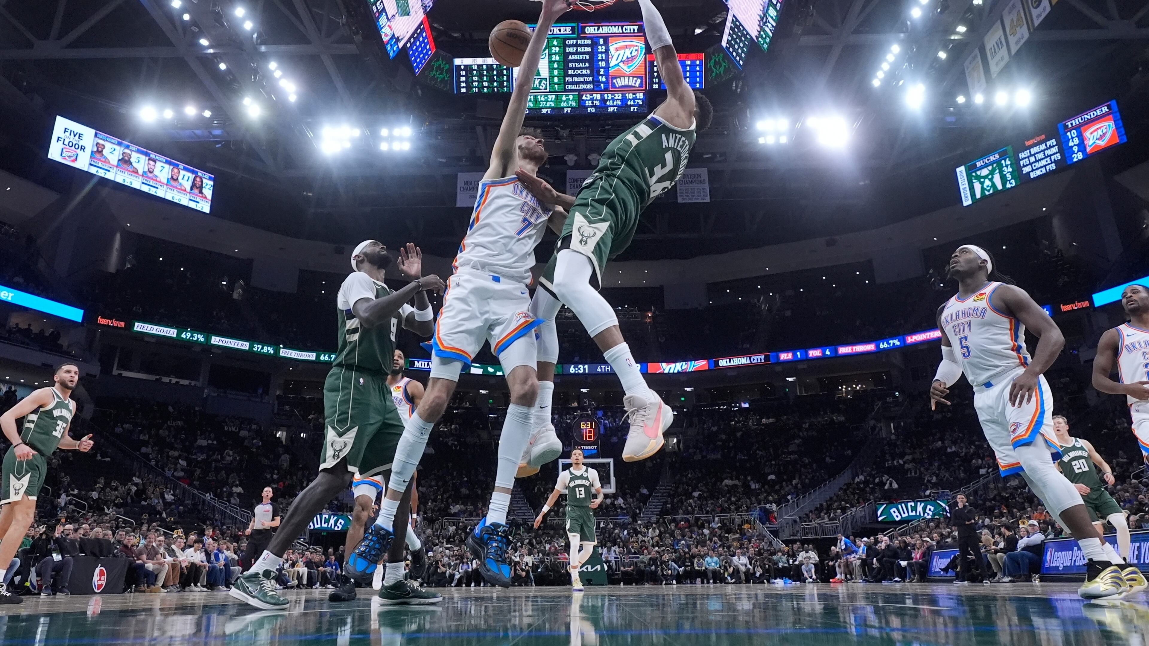 Milwaukee Bucks' Giannis Antetokounmpo dunks over Oklahoma City Thunder's Chet Holmgren during the second half of an NBA basketball game Wednesday, Jan. 21, 2026, in Milwaukee. (AP Photo/Morry Gash)