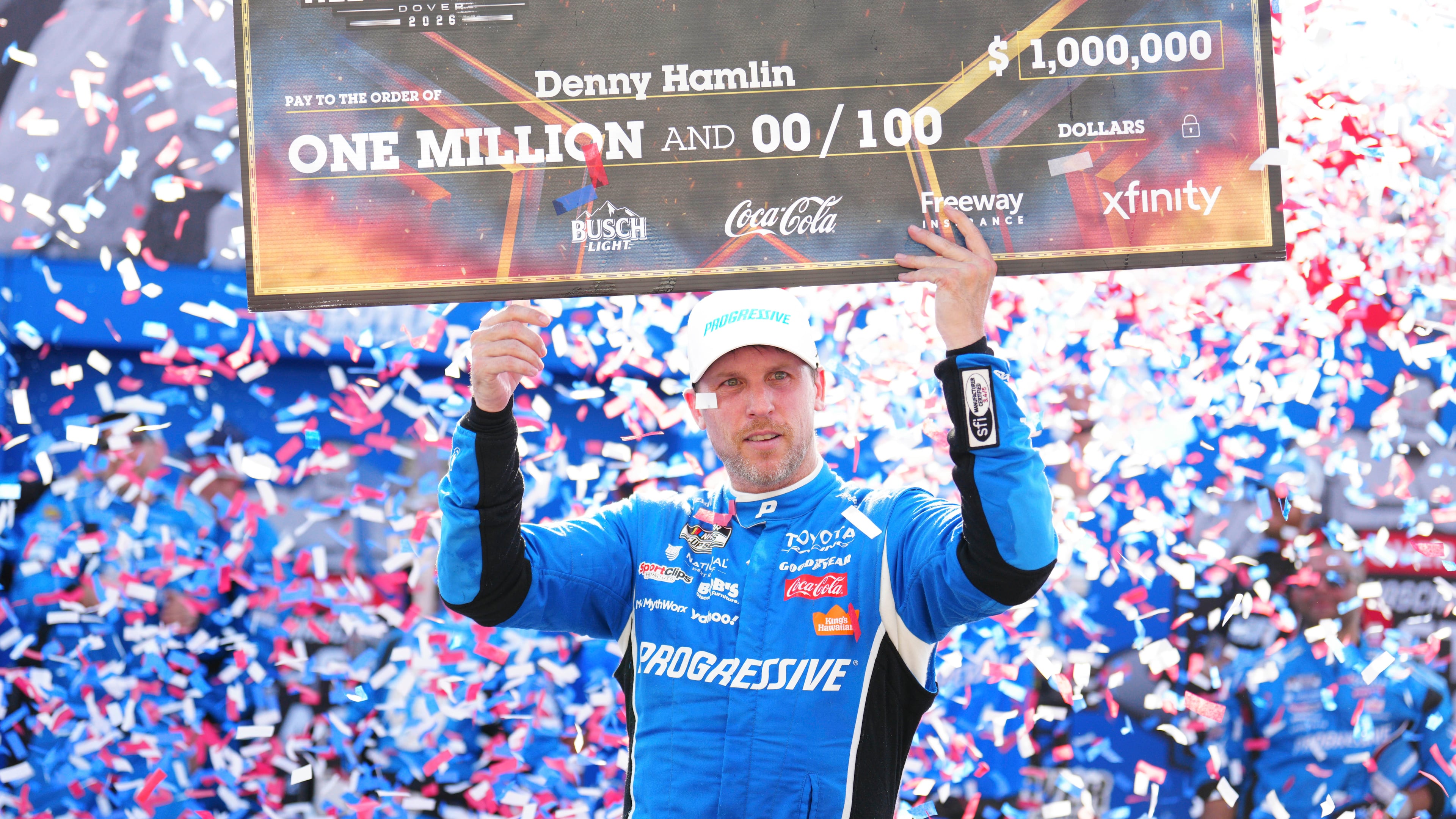 Denny Hamlin celebrates in Victory Lane after winning the NASCAR All-Star auto race at Dover Motor Speedway, Sunday, May 17, 2026, in Dover, Del. (AP Photo/Derik Hamilton)
