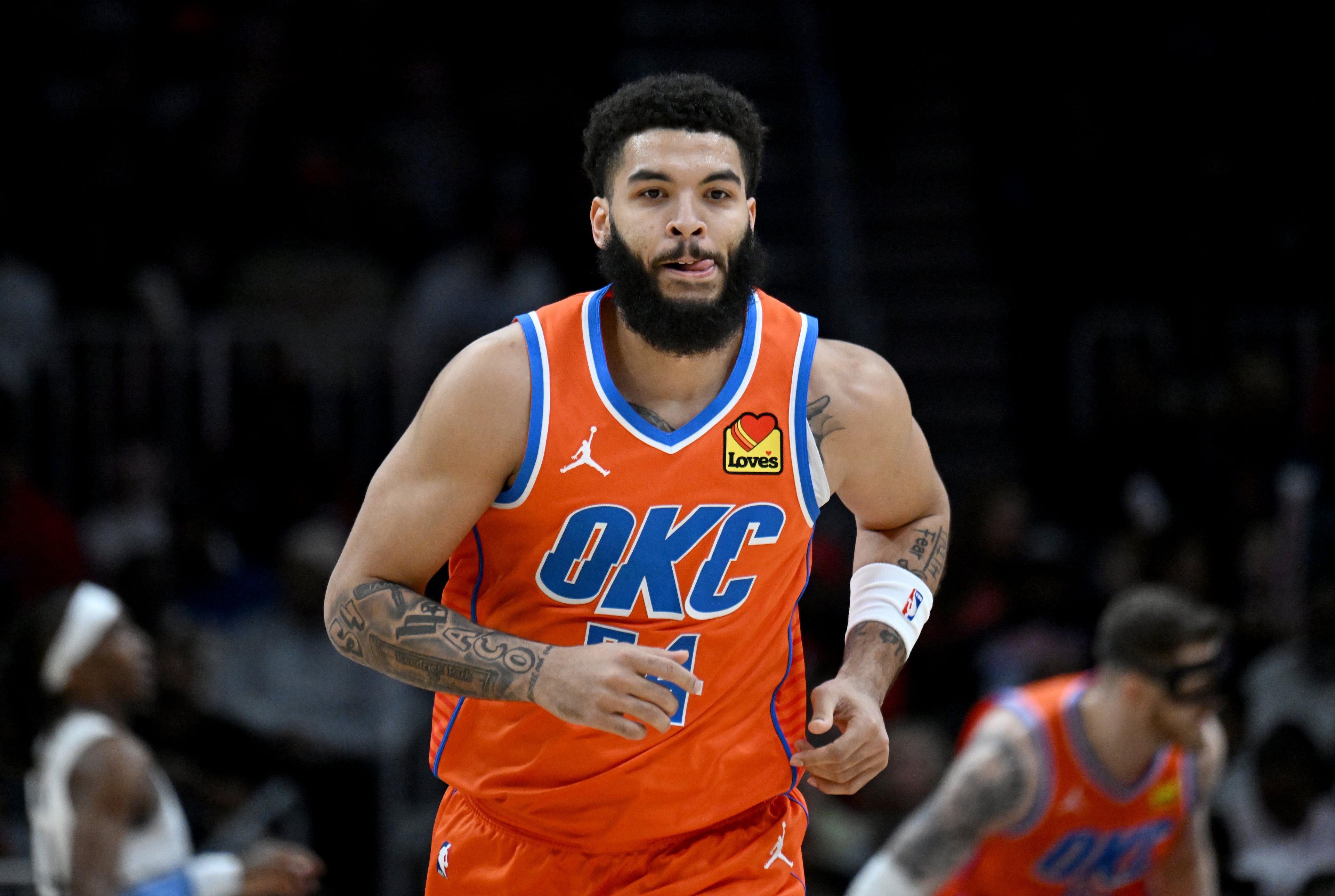 Oklahoma City Thunder forward Kenrich Williams (34) reacts after scoring a 3-point basket during the first half in an NBA basketball game at State Farm Arena, Friday, February 28, 2025, in Atlanta. (Hyosub Shin / AJC)