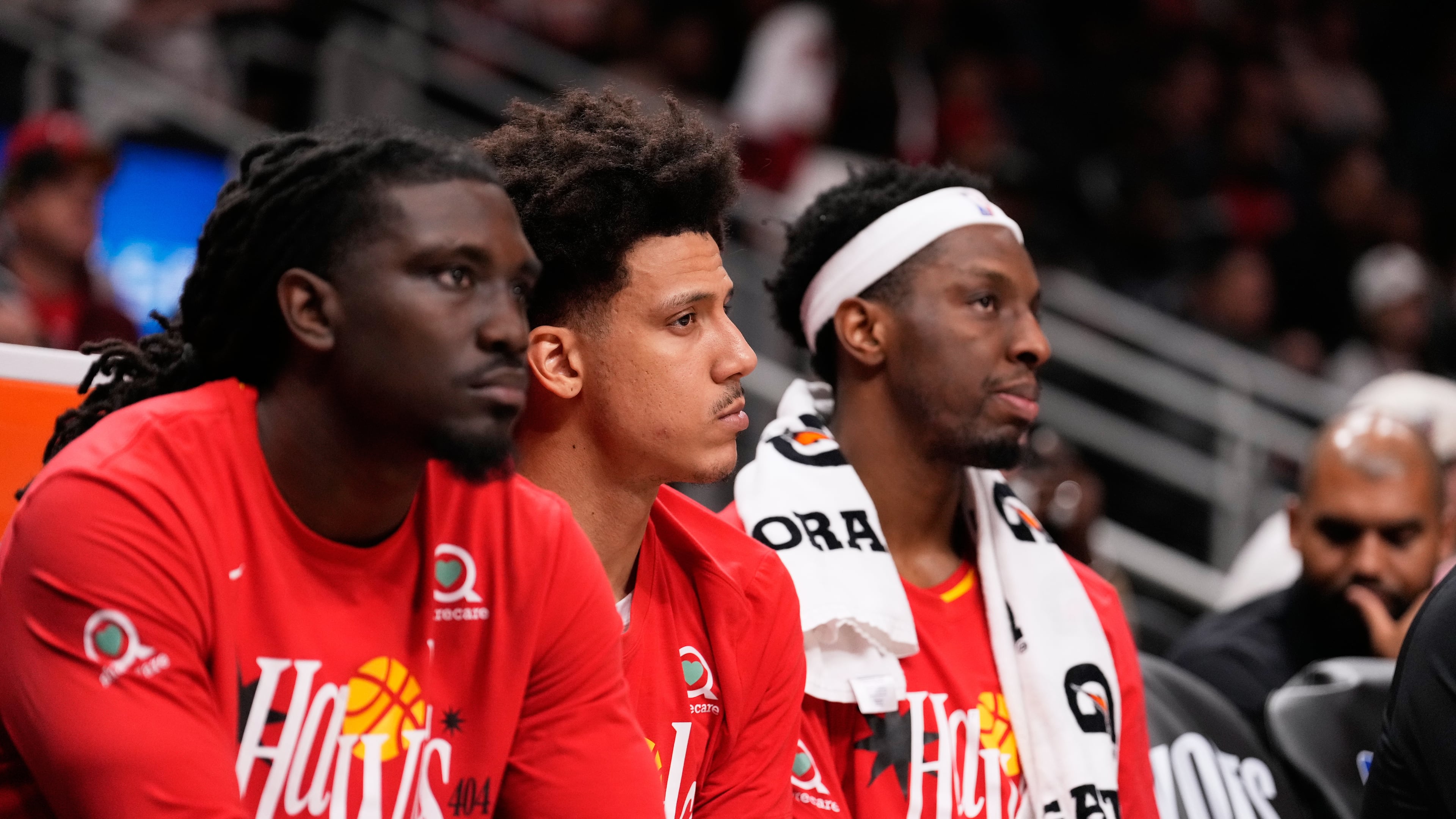Atlanta Hawks forward Jalen Johnson looks on after Game 6 in a first-round NBA basketball playoffs series against the New York Knicks Thursday, April 30, 2026, in Atlanta. (Brynn Anderson/AP)