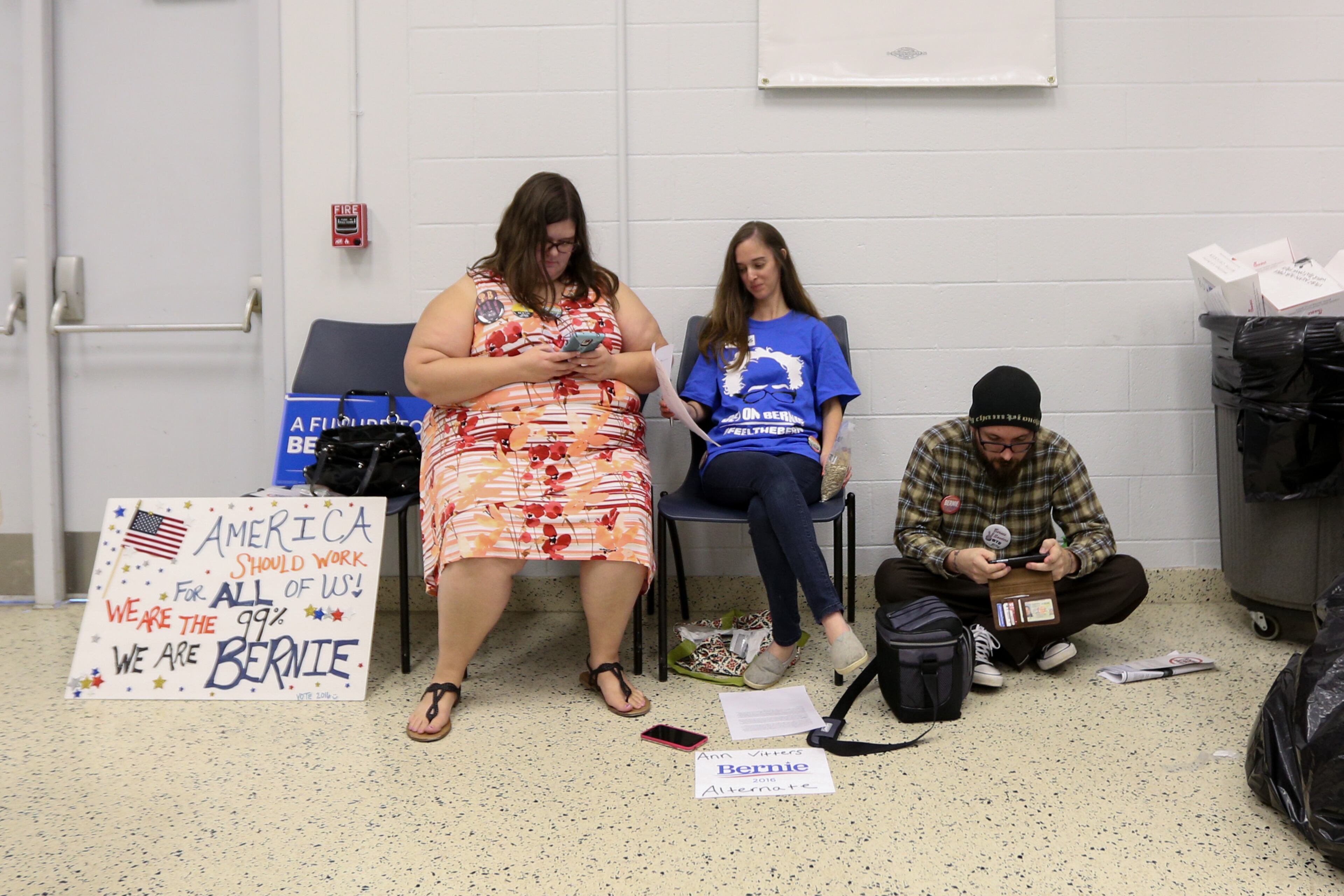 Supporters of Democratic presidential candidate Bernie Sanders sit at the IBEW Local 613 Auditorium, Saturday, June 11, 2016, in Atlanta. Members of the Georgia Democratic Party gathered to elect at-large and alternate delegates to the Democratic National Convention in Philadelphia. BRANDEN CAMP/SPECIAL