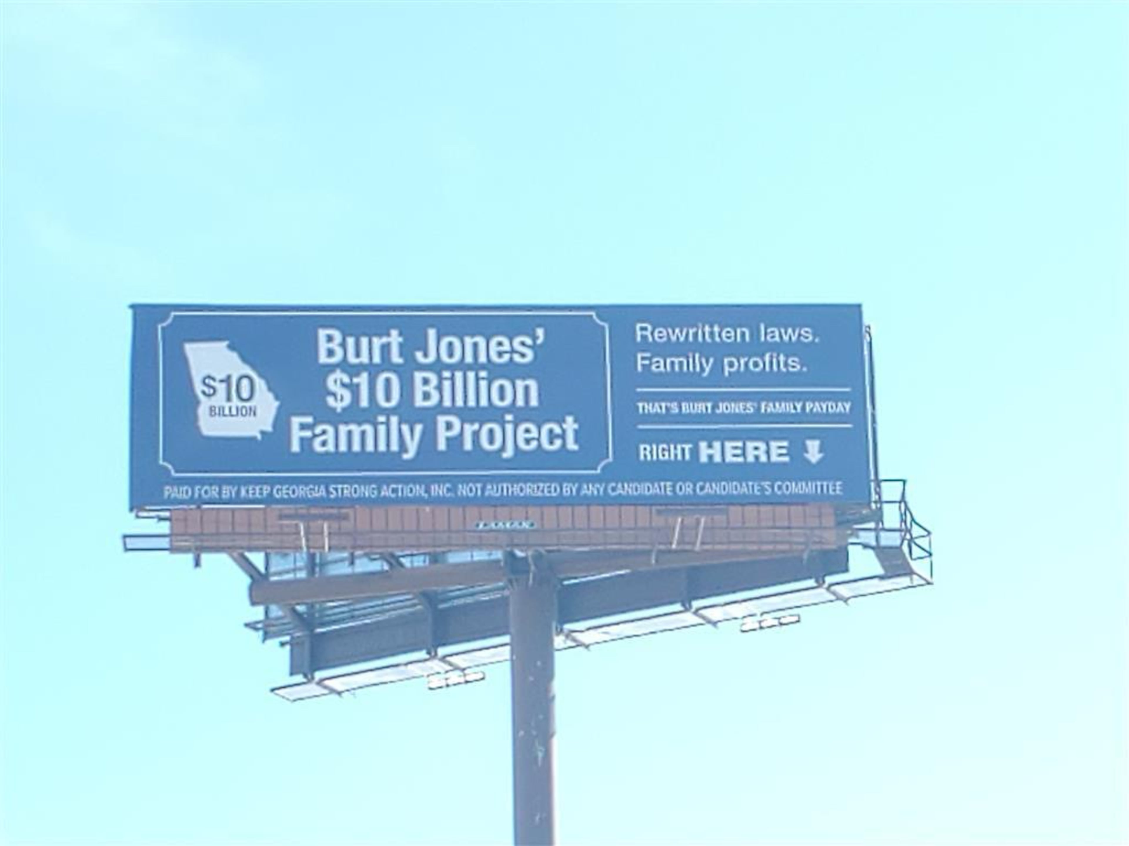 Keep Georgia Strong Action, a group that backs the campaign of Attorney General Chris Carr for governor, has paid for a billboard criticizing Lt. Gov. Burt Jones, who is also running. (Courtesy photo)