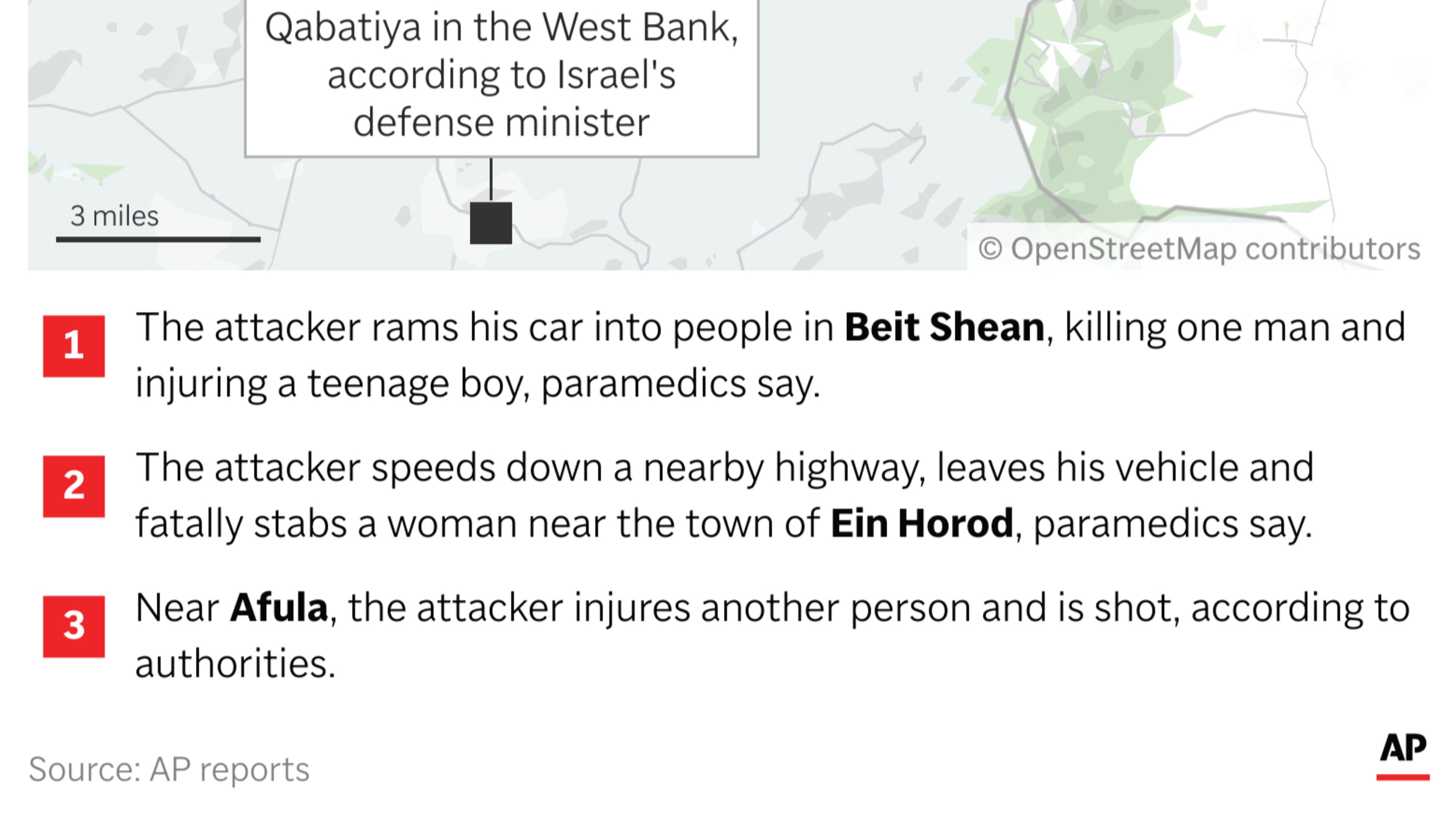The path of a the assailant who rammed and stabbed people in northern Israel Friday. (AP Digital Embed)