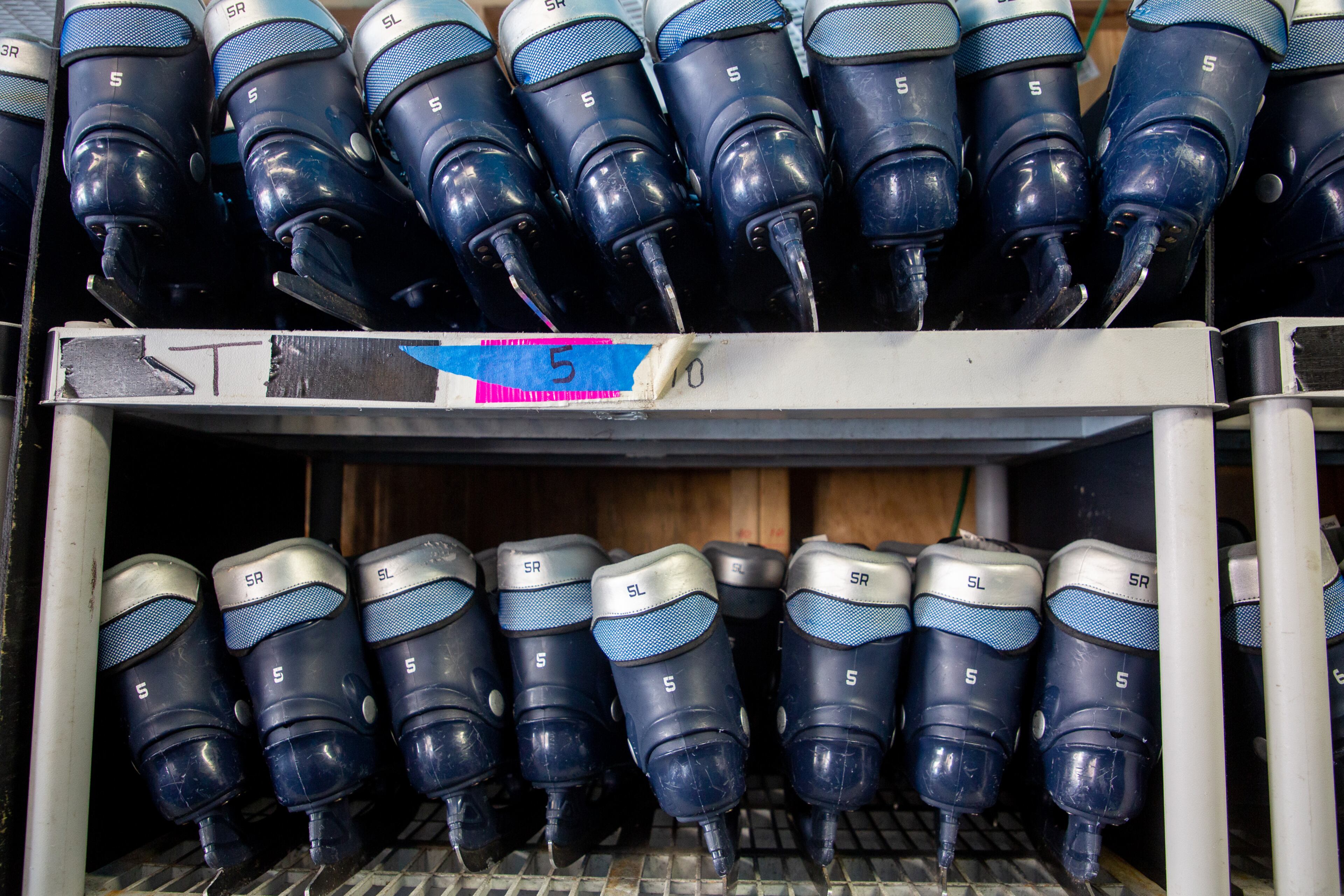 Ice skates are stacked up and ready to be rented at the ice skating rink at Avalon on Ice in Alpharetta on Saturday, January 8, 2022. The rink is open through Jan. 17. STEVE SCHAEFER FOR THE ATLANTA JOURNAL-CONSTITUTION