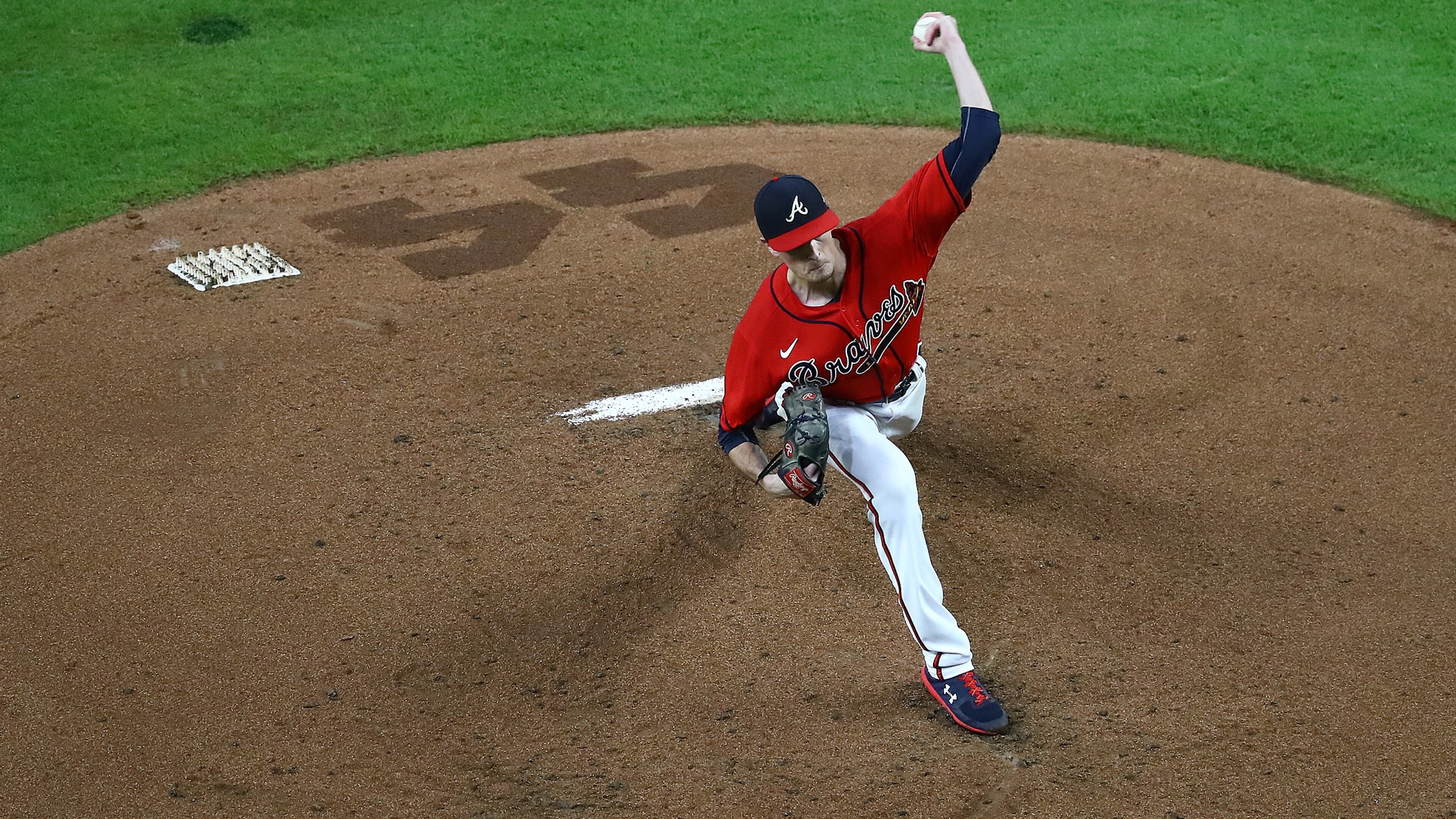 Braves starting pitcher Max Fried delivers against the Philadelphia Phillies during the second inning Friday, Aug. 21, 2020, at Truist Park in Atlanta. No. 44 was etched on the mound in honor of Hank Aaron weekend.