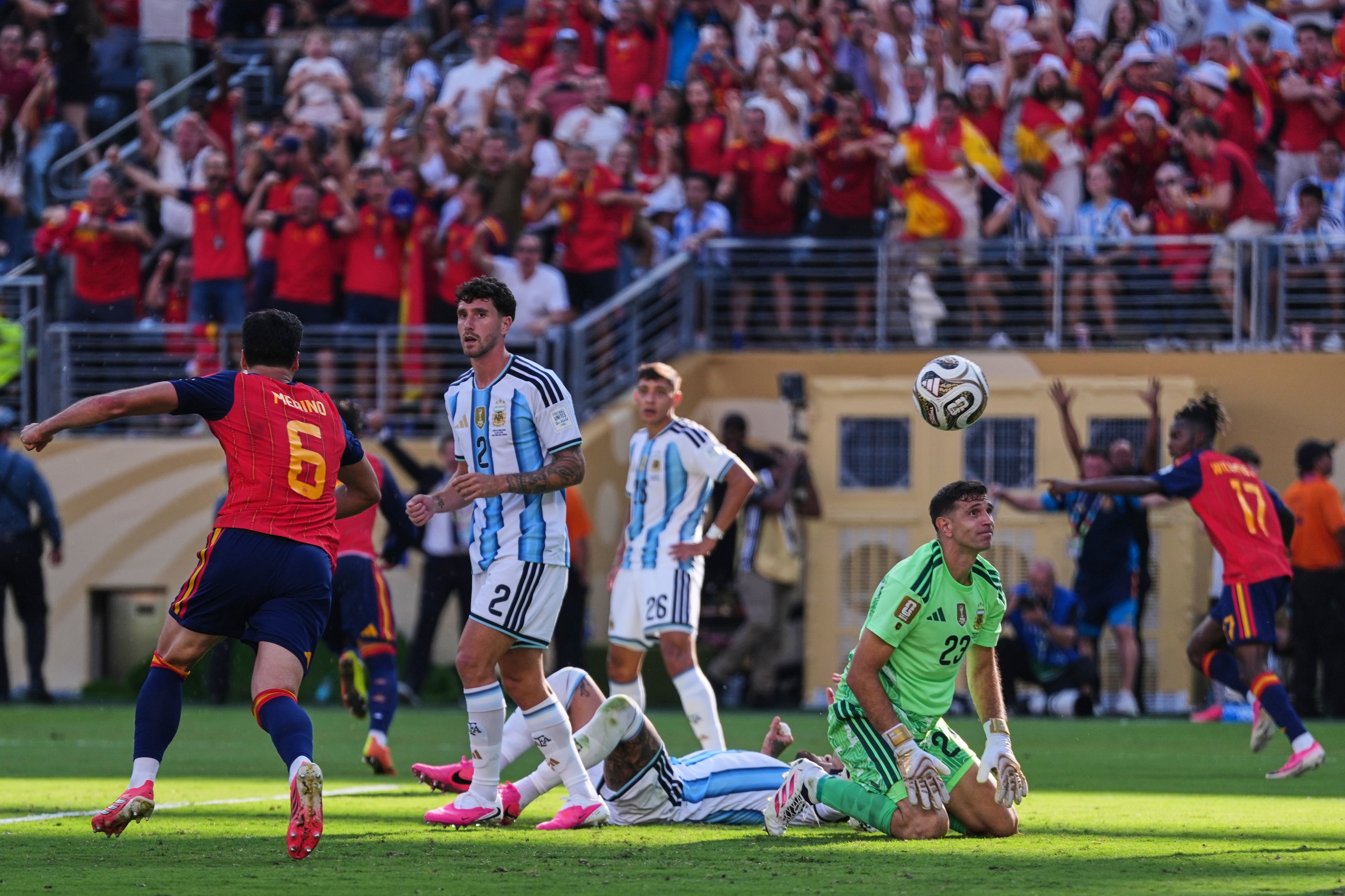 Argentina goalkeeper Emiliano Martinez (right), Marcos Senesi (second from left) and Nahuel Molina (third from left) react after Spain's Ferran Torres scores their first goal during the World Cup final soccer match between Spain and Argentina in East Rutherford, N.J., near New York, Sunday, July 19, 2026. (Abbie Parr/AP)