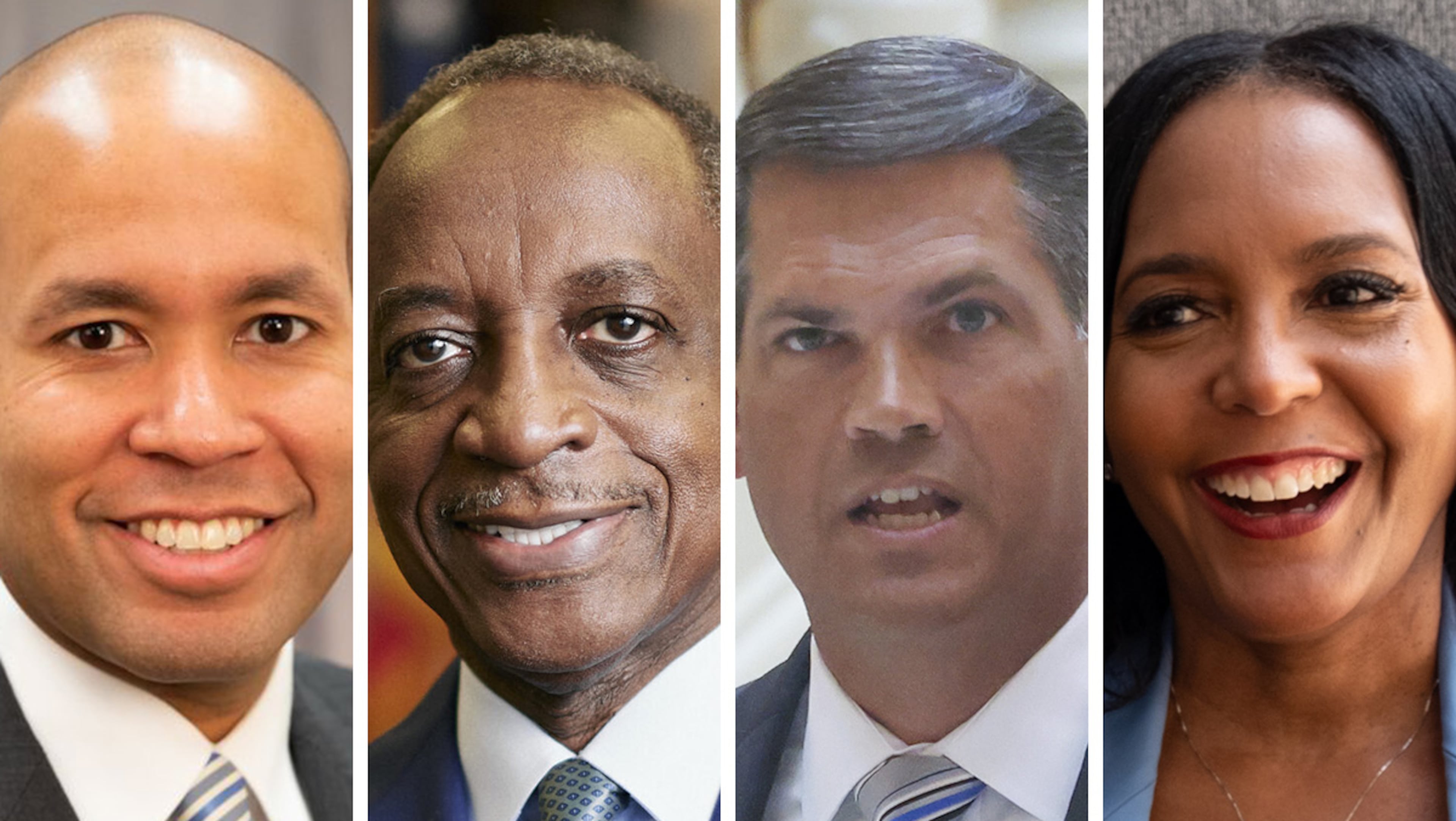 Jason Esteves (from left), Michael Thurmond, Geoff Duncan and Keisha Lance Bottoms are the Democratic candidates for governor. (AJC file photos)