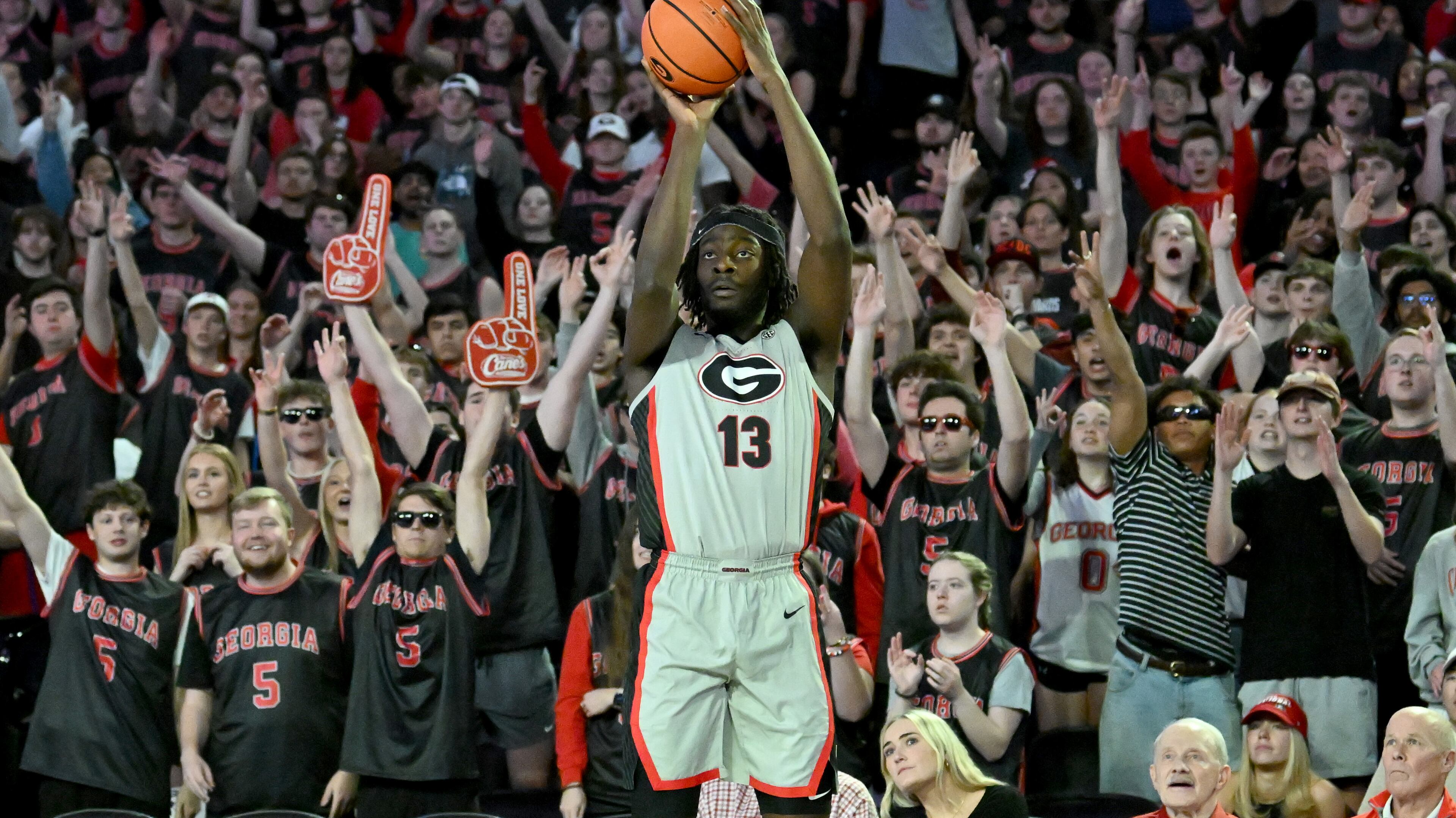 Georgia forward Dylan James (13) gets off a shot during the first half of an NCAA college basketball game at Stegeman Coliseum, Tuesday, February 25, 2025, in Athens.(Hyosub Shin / AJC)