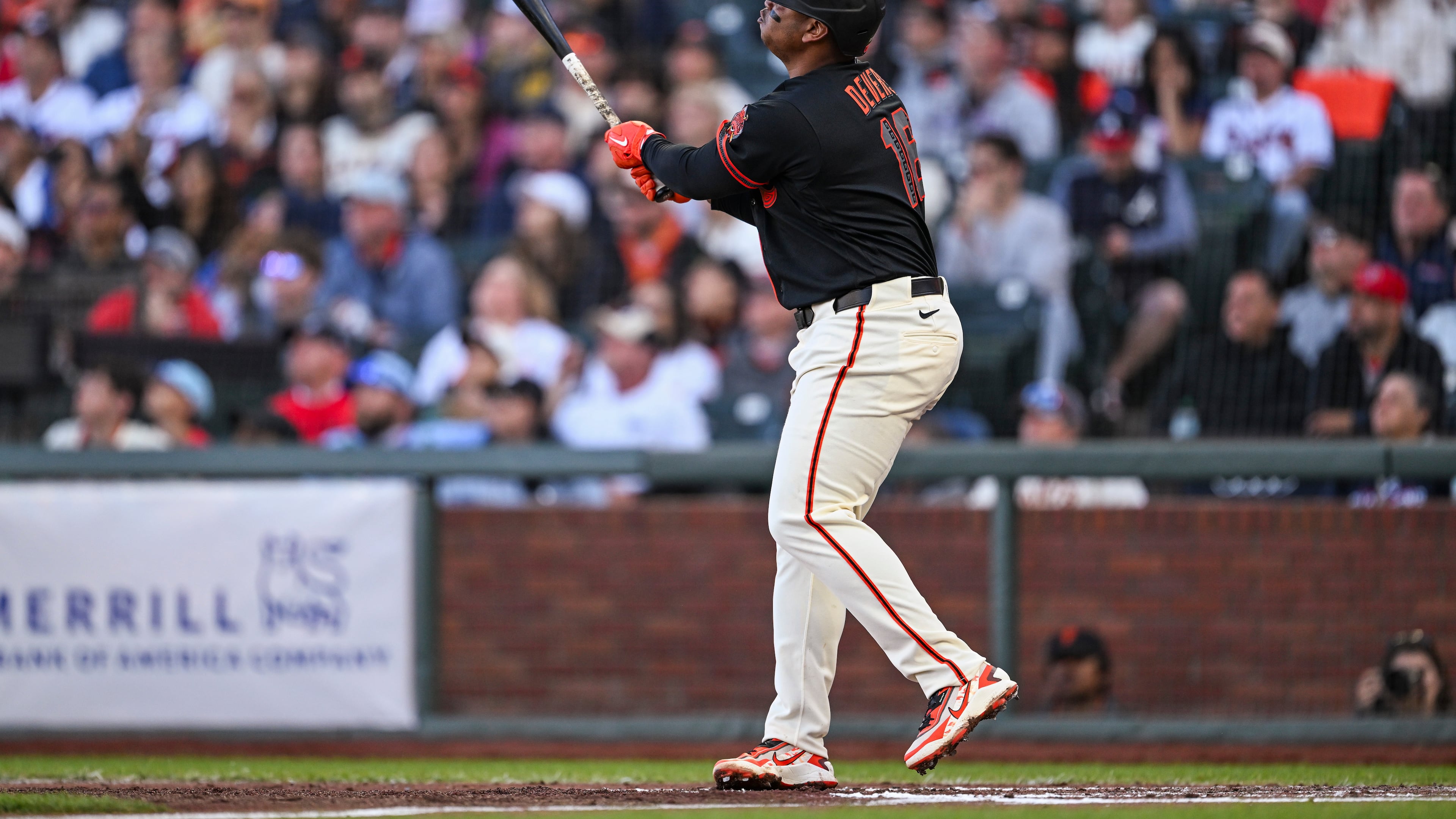 San Francisco Giants' Rafael Devers (16) hits a three-run home run for his second of the night during the third inning of a baseball game Atlanta Braves, Saturday, June 27, 2026, in San Francisco (AP Photo/Justine Willard)