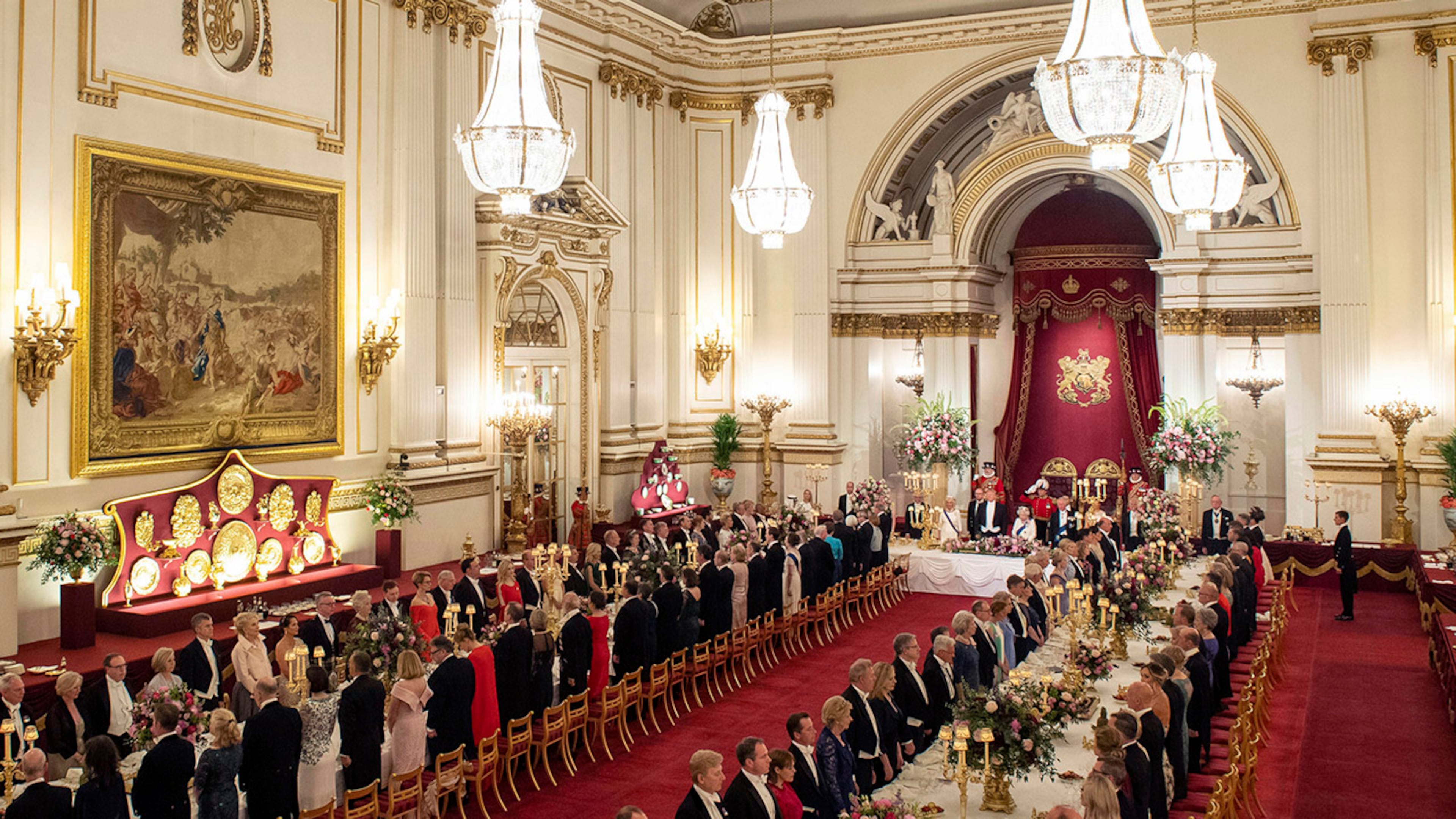 General view of President Donald Trump, Britain's Queen Elizabeth II and guests during the state banquet at Buckingham Palace in London on Monday, June 3, 2019. Trump is on a three-day state visit to Britain.