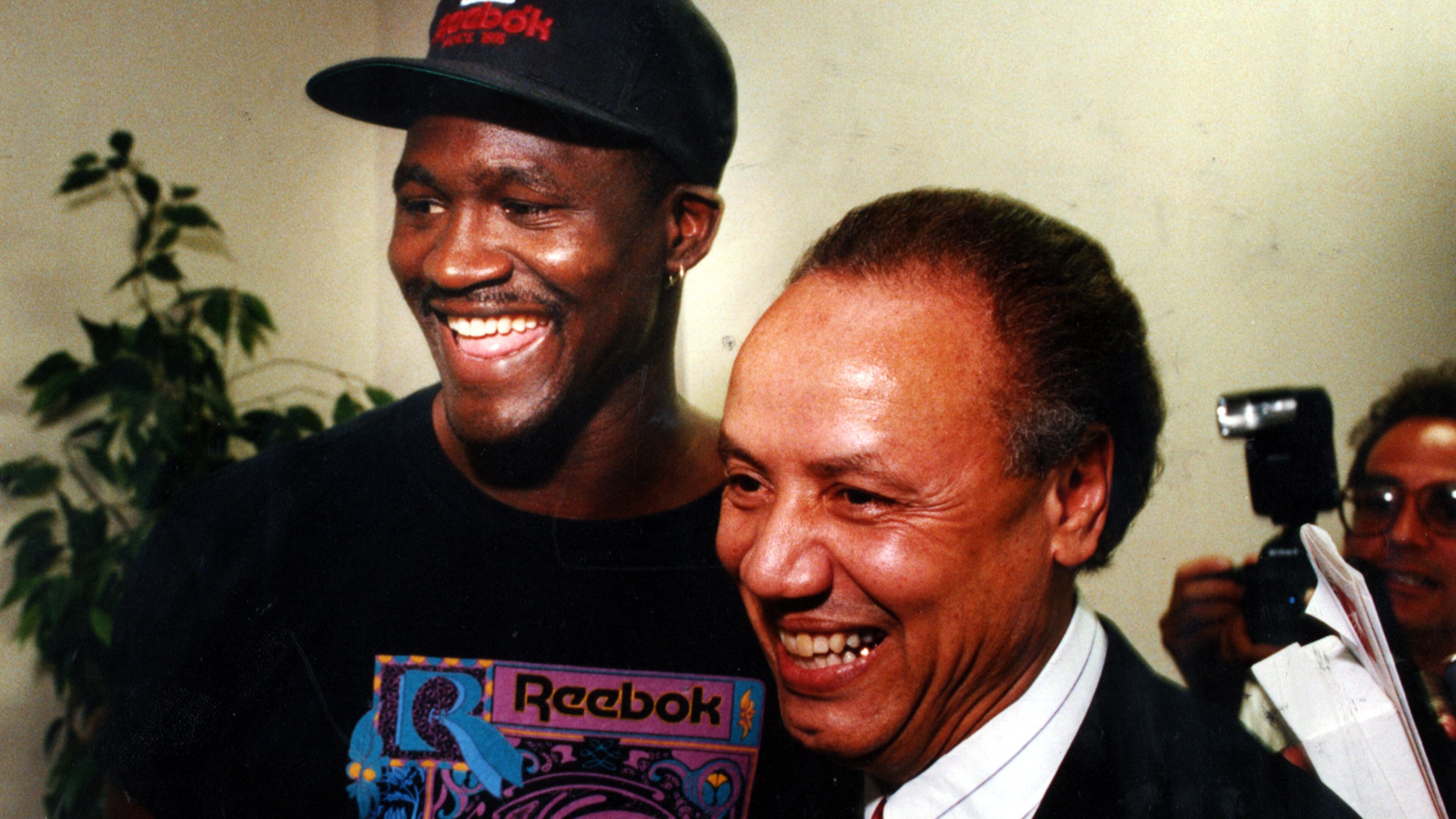 Hawks forward Dominique Wilkins with head coach Lenny Wilkens on Feb. 11, 1994.