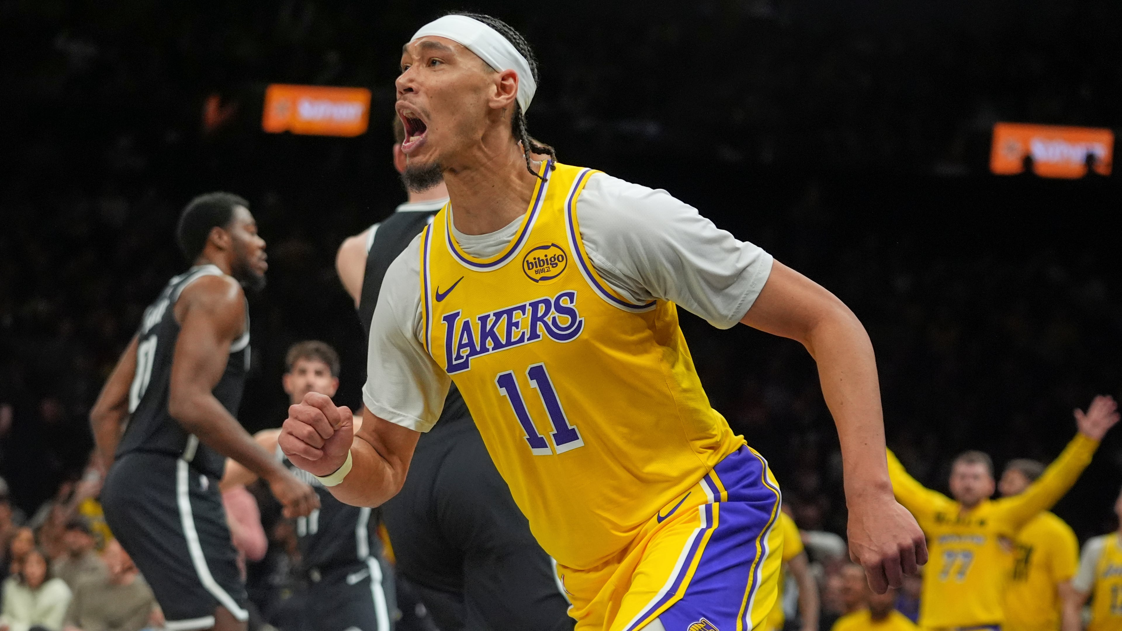 Los Angeles Lakers' Jaxson Hayes (11) celebrates after dunking during the first half of an NBA basketball game against the Brooklyn Nets Tuesday, Feb. 3, 2026, in New York. (AP Photo/Frank Franklin II)