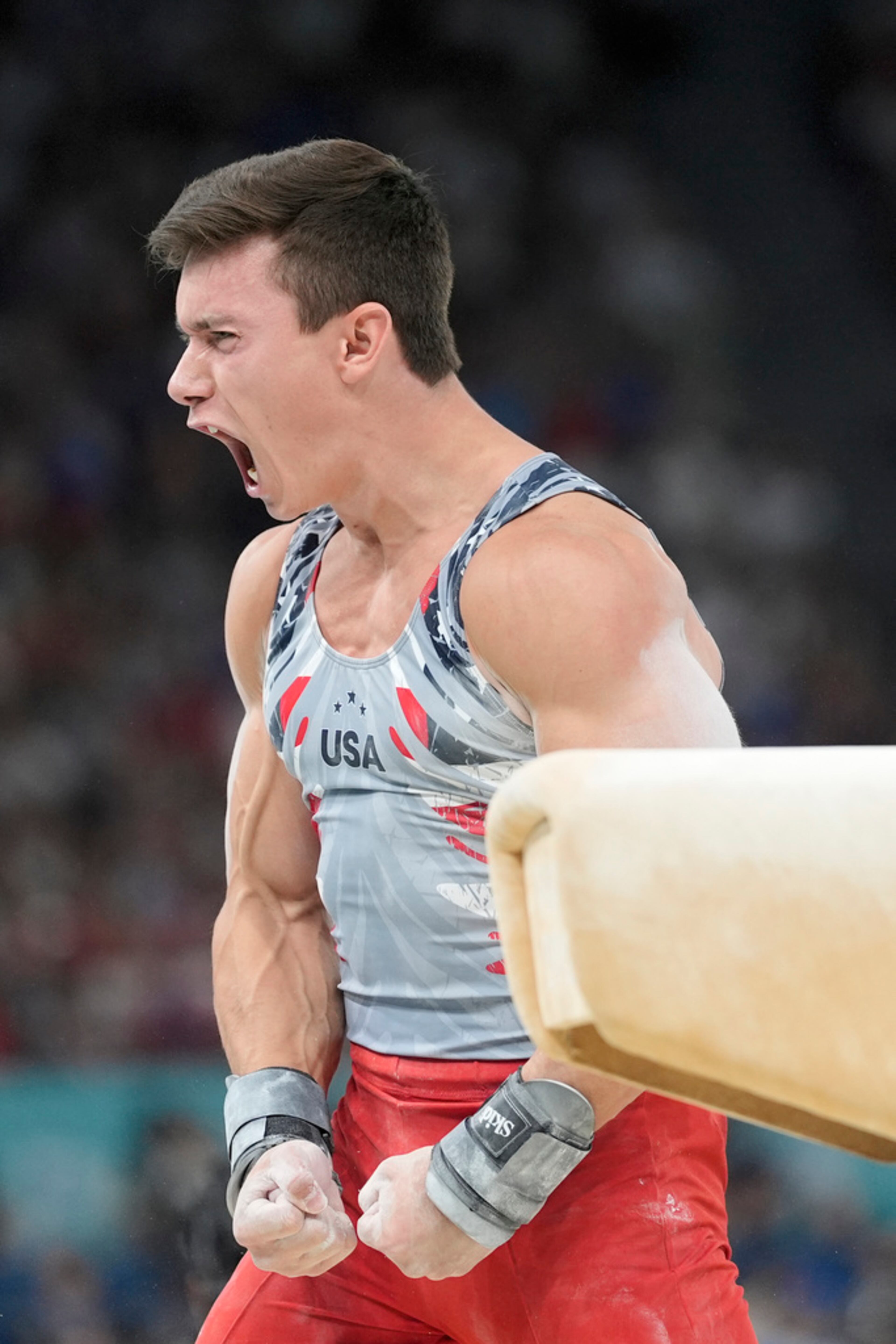 Brody Malone, of the United States, performs on the pommel horse during the men's artistic gymnastics team finals round at Bercy Arena at the 2024 Summer Olympics, Monday, July 29, 2024, in Paris, France. Malone is from Rockmart. (AP Photo/Abbie Parr)