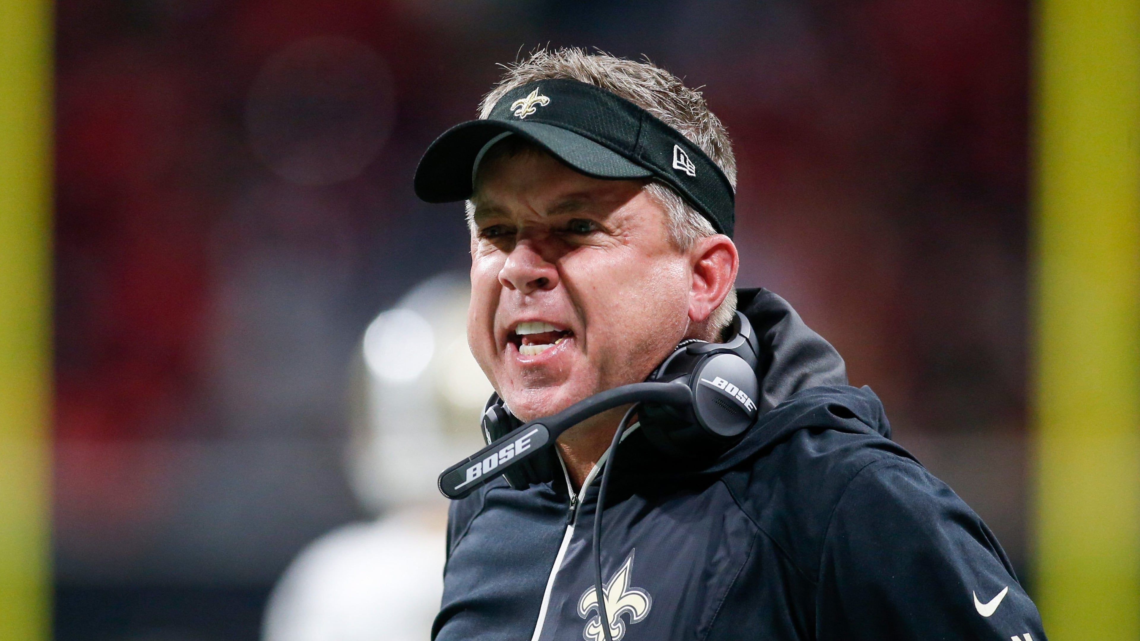 Dec 7, 2017; Atlanta, GA, USA; New Orleans Saints head coach Sean Payton shows emotion against the Atlanta Falcons in the second quarter at Mercedes-Benz Stadium. Mandatory Credit: Brett Davis-USA TODAY Sports ORG XMIT: USATSI-359035 ORIG FILE ID: 20171207_ach_ad1_294.JPG