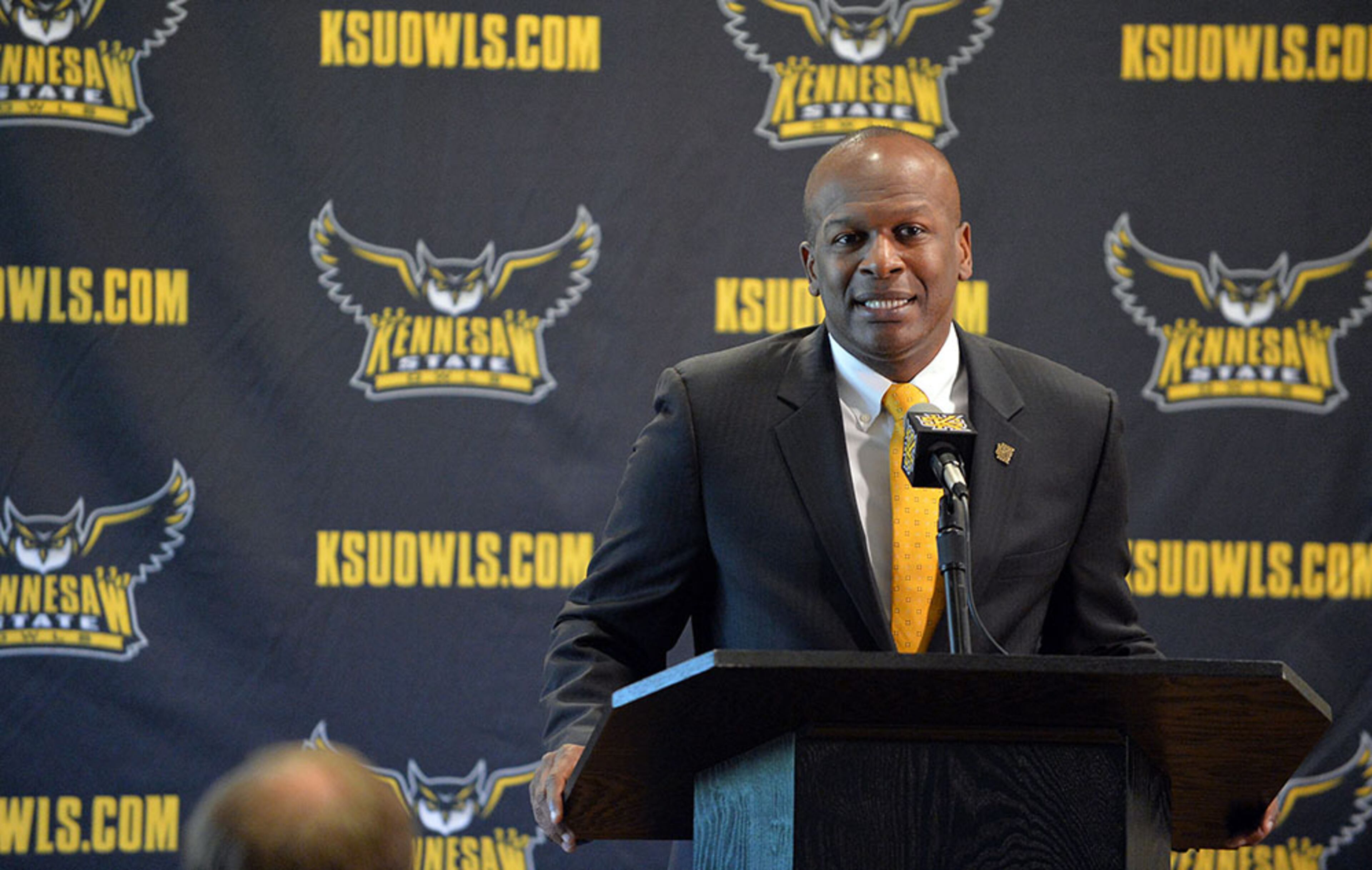 KSU athletic director Vaughn Williams gives remarks before introducing coach Skinner.