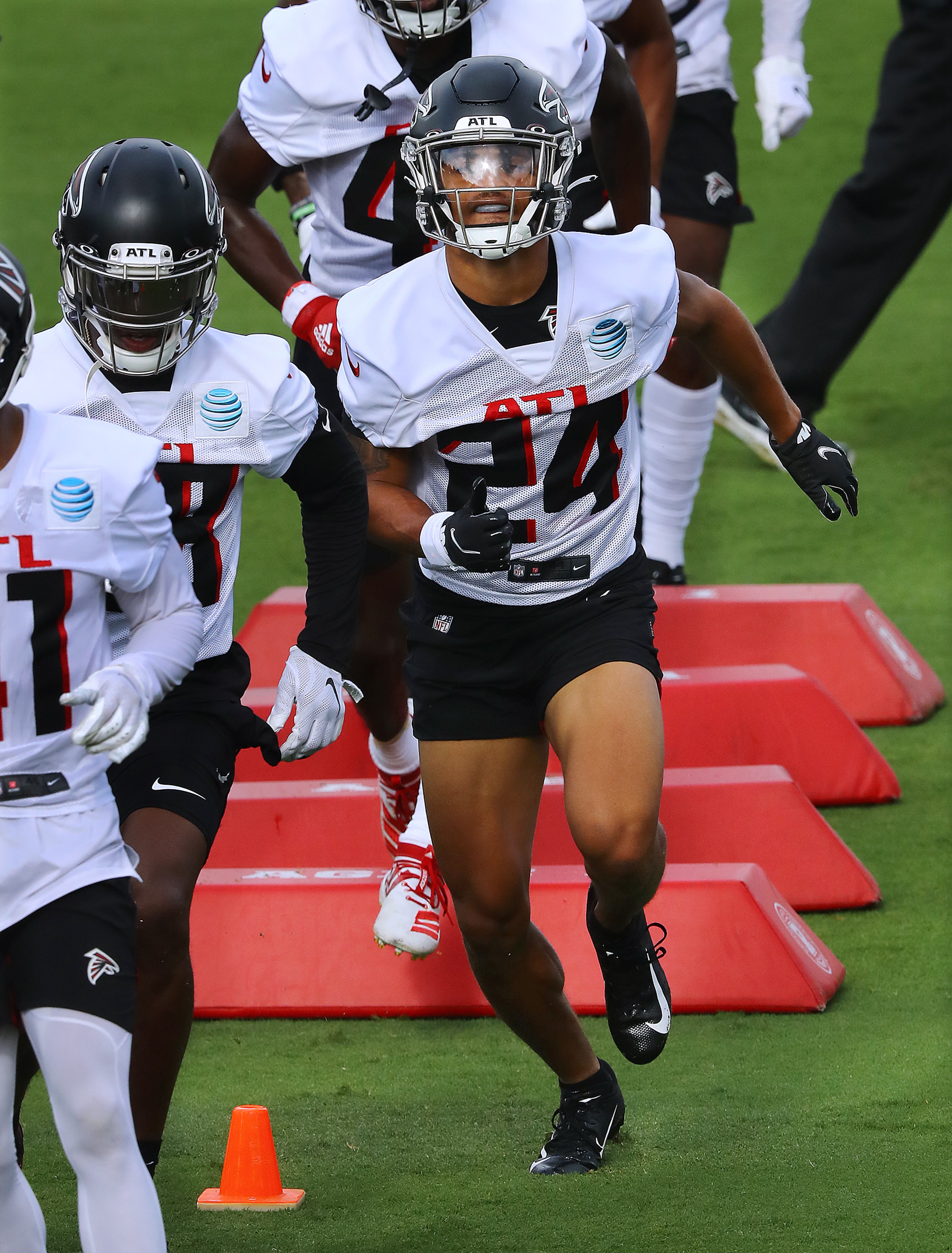 Falcons rookie cornerback A.J. Terrell runs an agility drill during training camp on Saturday, August 15, 2020 in Flowery Branch. Curtis Compton ccompton@ajc.com