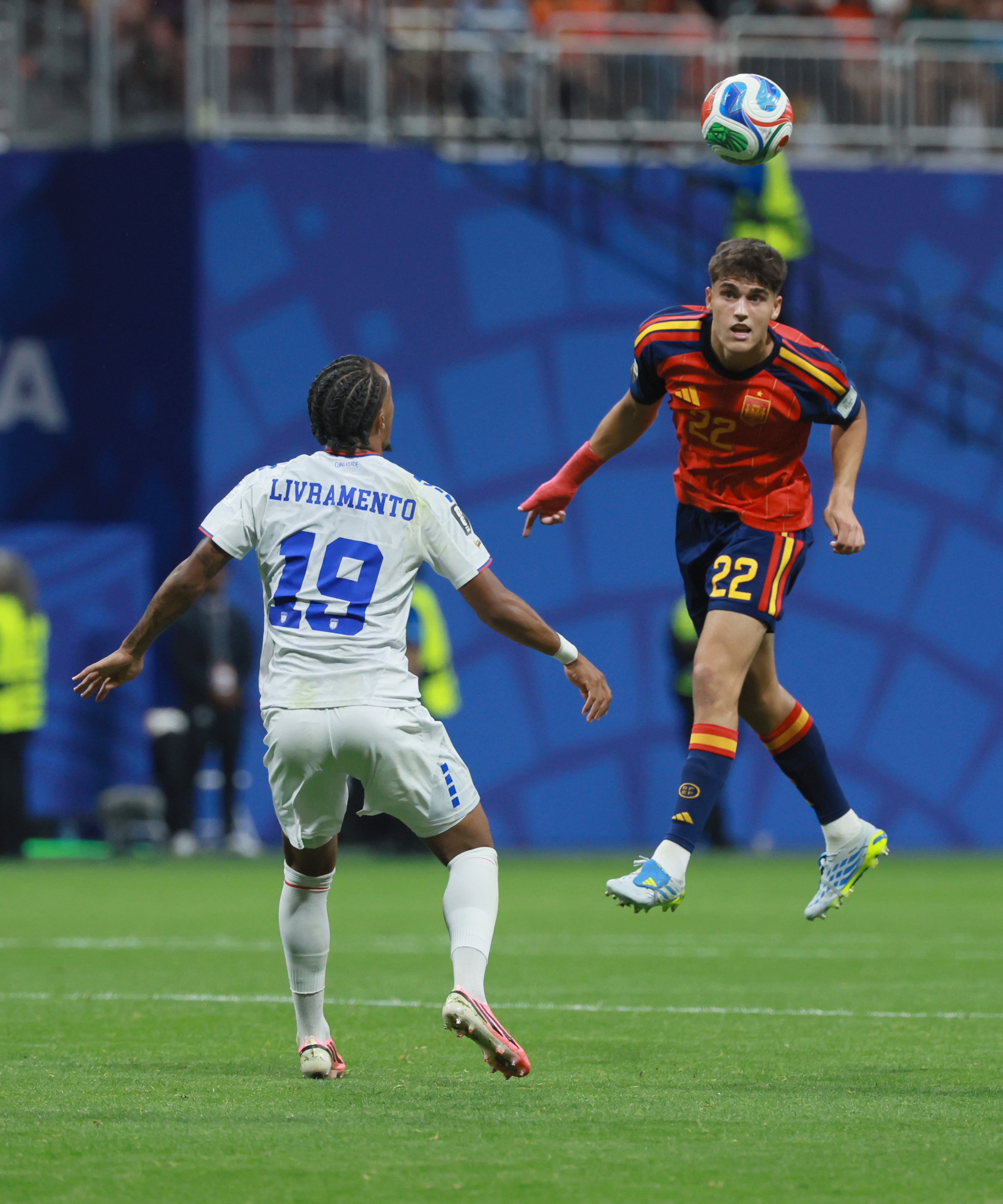 Spain's Pau Cubarsi heads the ball past Cape Verde's Dailon Livramento during first half of Spain vs. Cape Verde Group H match at Atlanta Stadium (Mercedes-Benz Stadium) on Monday, June 15, 2026. (Jason Getz/AJC)