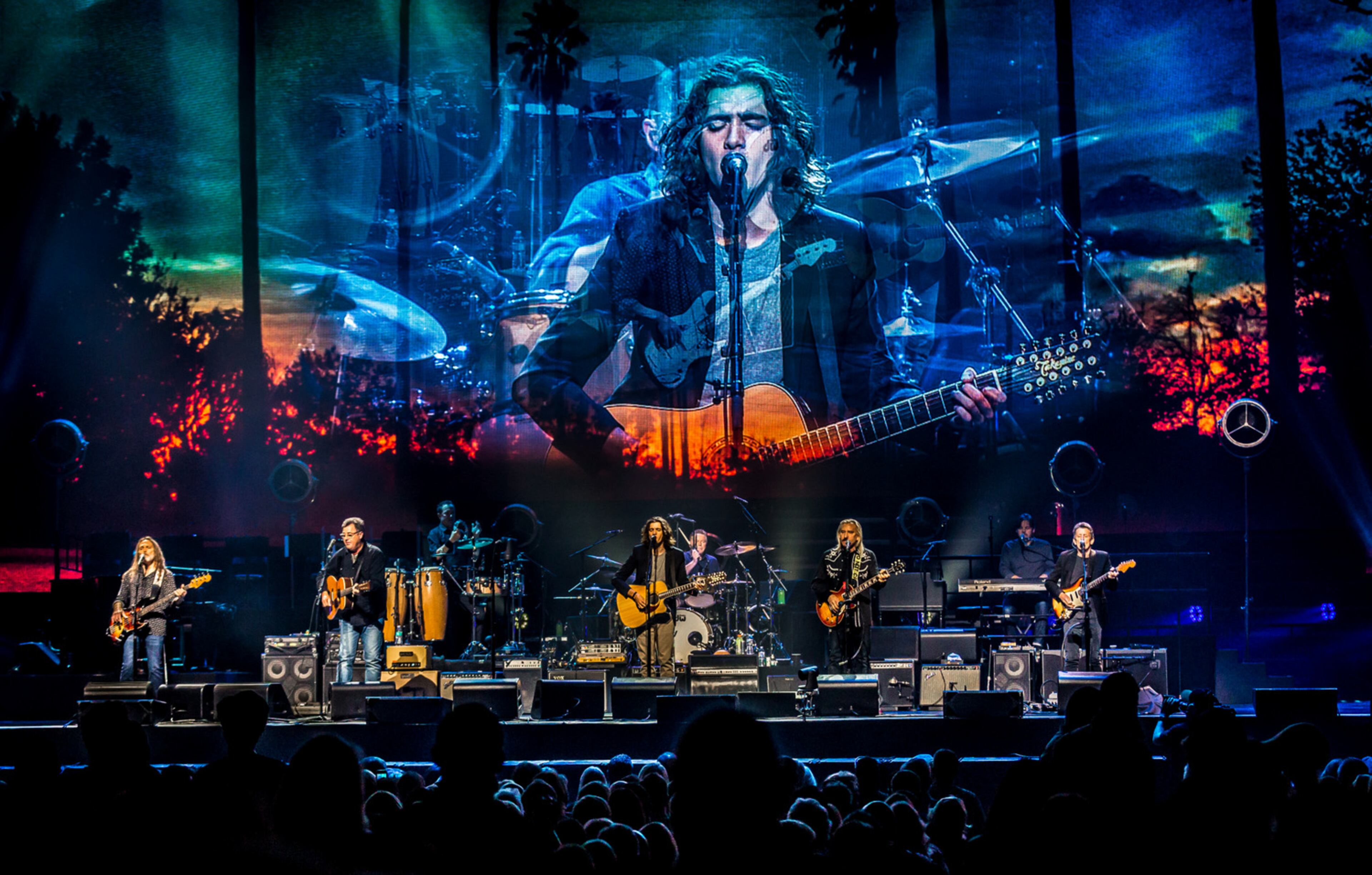 The Eagles - Timothy B. Schmit (from left), touring guest guitarist Vince Gill, Deacon Frey, Don Henley (partially obscured behind the drums), Joe Walsh and touring guitarist Steuart Smith - performed for a packed Philips Arena on Oct. 20, 2017. It was the first of a two-night stand at the venue. Photo by Ryan Fleisher