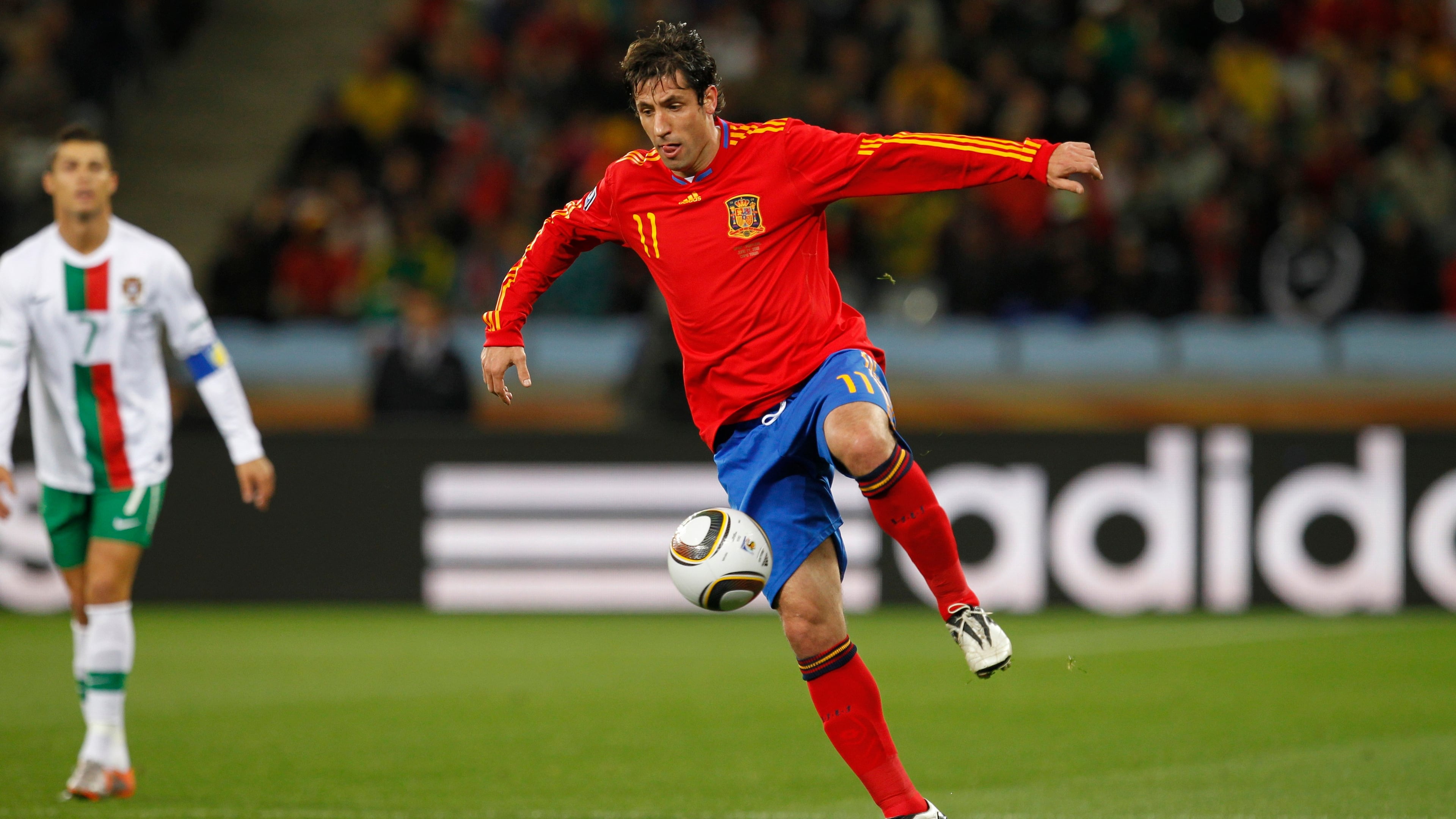 FILE - Spain's Joan Capdevila during the World Cup round of 16 soccer match between Spain and Portugal at the Green Point stadium in Cape Town, South Africa, Tuesday, June 29, 2010. (AP Photo/Armando Franca, File)