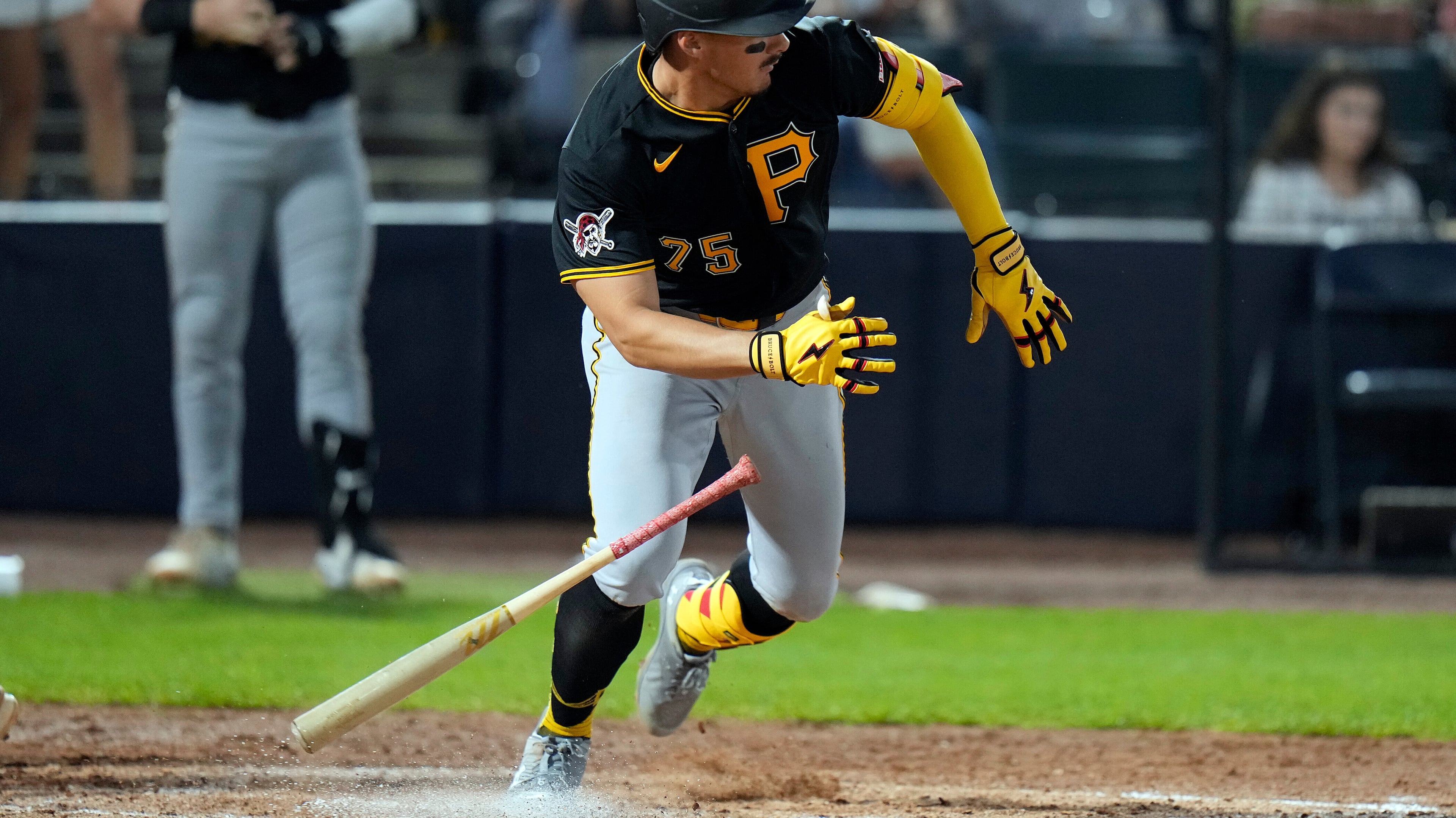 Pittsburgh Pirates' Konnor Griffin drops his bat after hitting a two-run double off New York Yankees pitcher Jake Bird during the fifth inning of a spring training baseball game Monday, March 9, 2026, in Tampa, Fla. (AP Photo/Chris O'Meara)