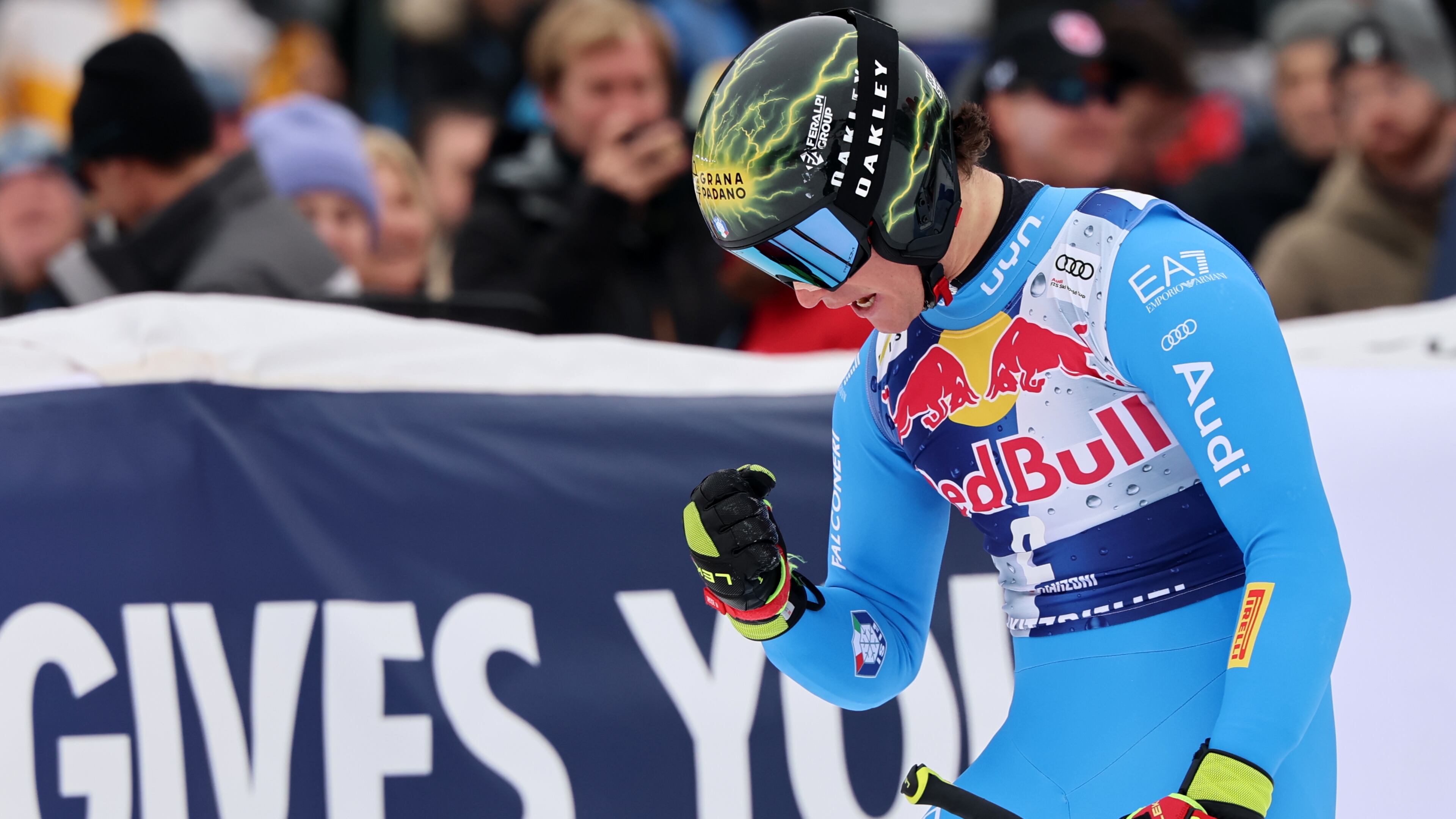 Italy's Giovanni Franzoni at the finish area of a men's alpine ski World Cup downhill, in Kitzbuehel, Austria, Saturday, Jan. 24, 2026. (AP Photo/Marco Trovati)