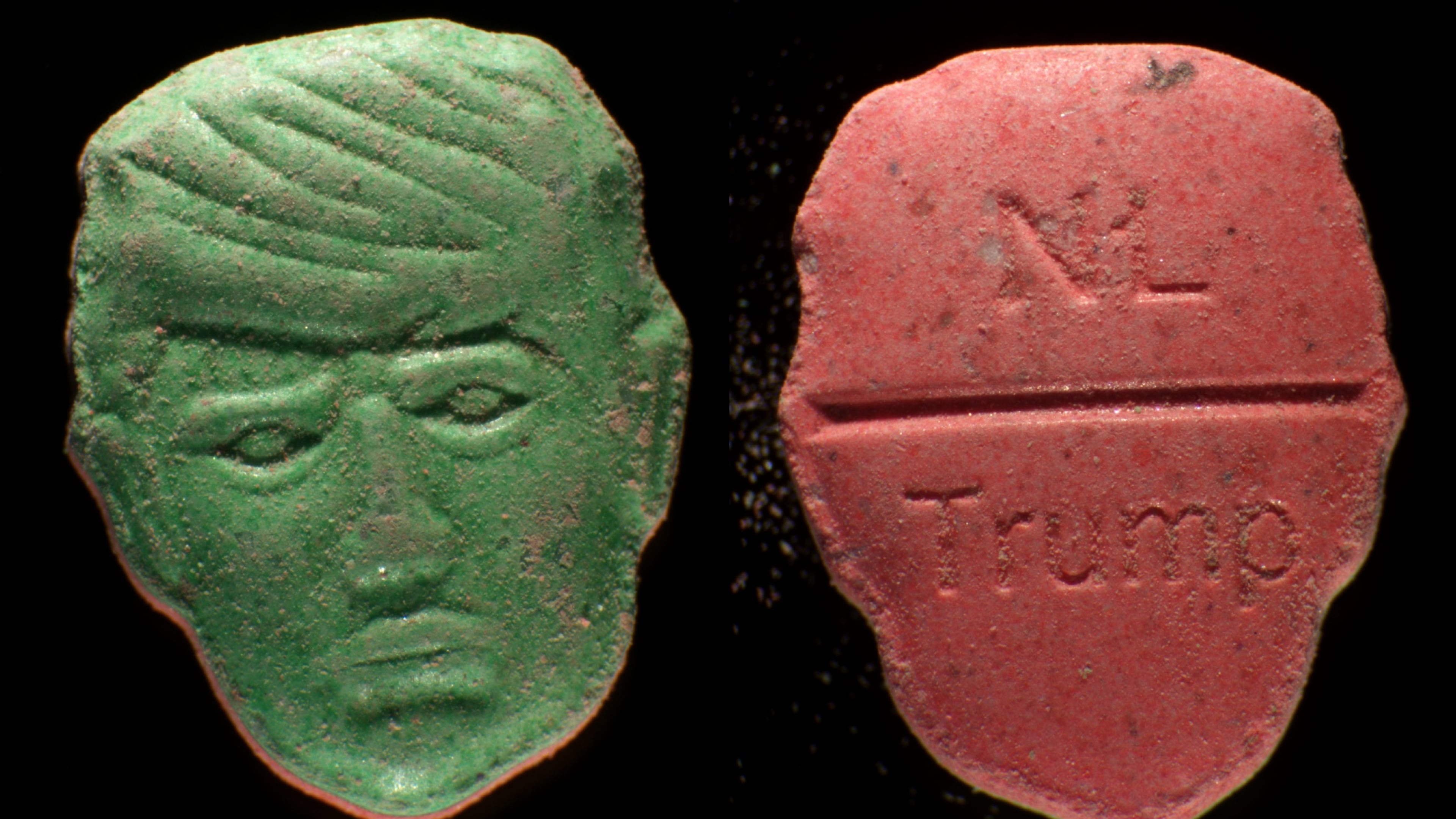 This undated photo provided by Trimbos Institute of Mental Health and Addiction shows pills that have a depiction of President Donald Trump on one side and on the other side NL and Trump stamped into the surface. (Trimbos Institute of Mental Health and Addiction via AP)