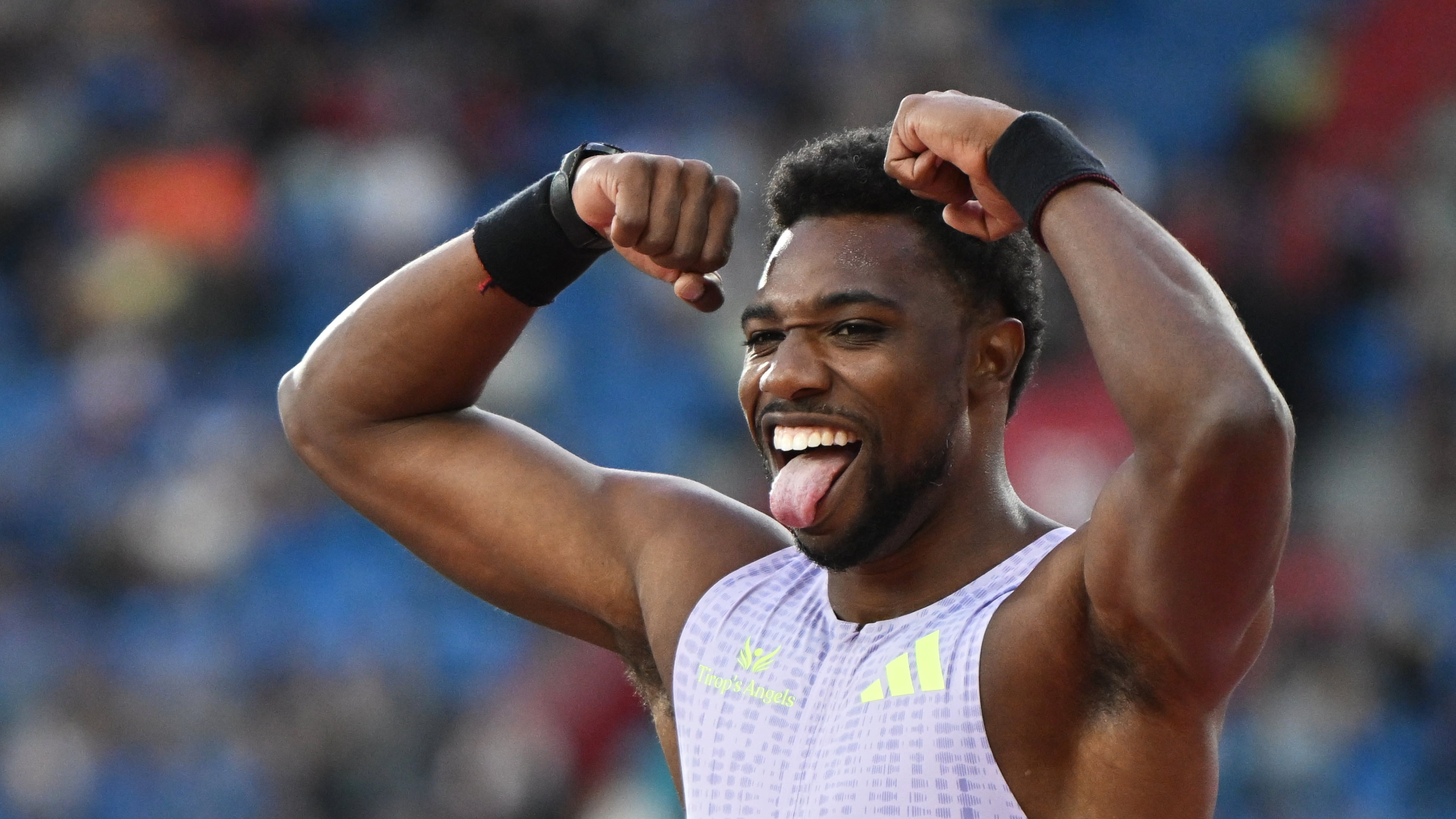 Noah Lyles of United States celebrates after winning the men's 150 meters event at the Golden Spike athletics meeting in Ostrava, Czech Republic, Tuesday, June 16, 2026. (AP Photo/Lukas Kabon)