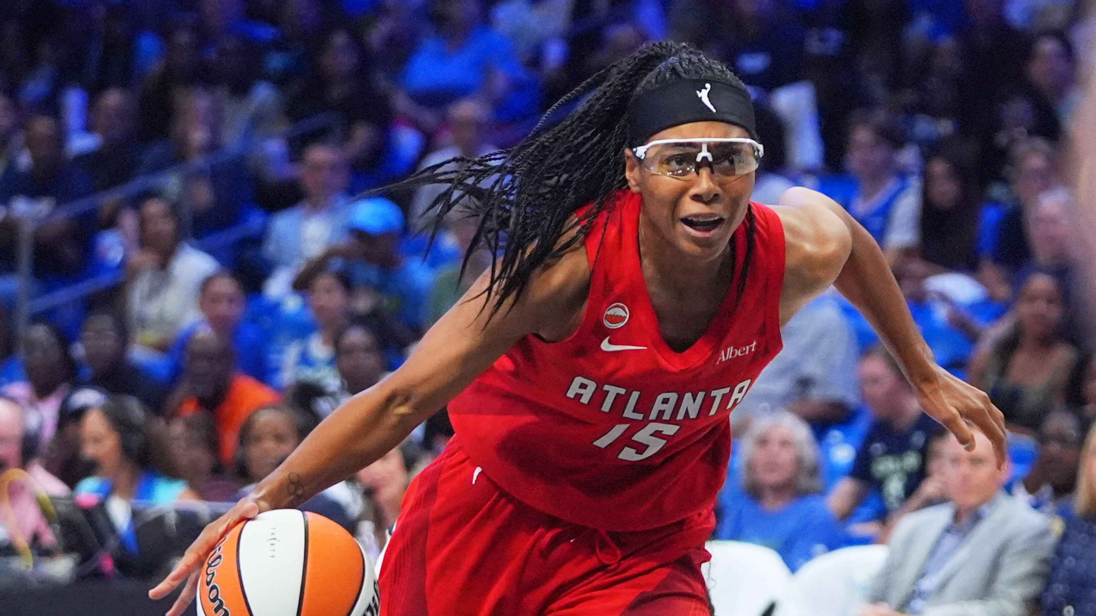 Atlanta Dream guard Allisha Gray (15) drives during the second half of a WNBA basketball game against the Dallas Wings in Arlington, Texas, Wednesday, July 29, 2026. (AP Photo/LM Otero)