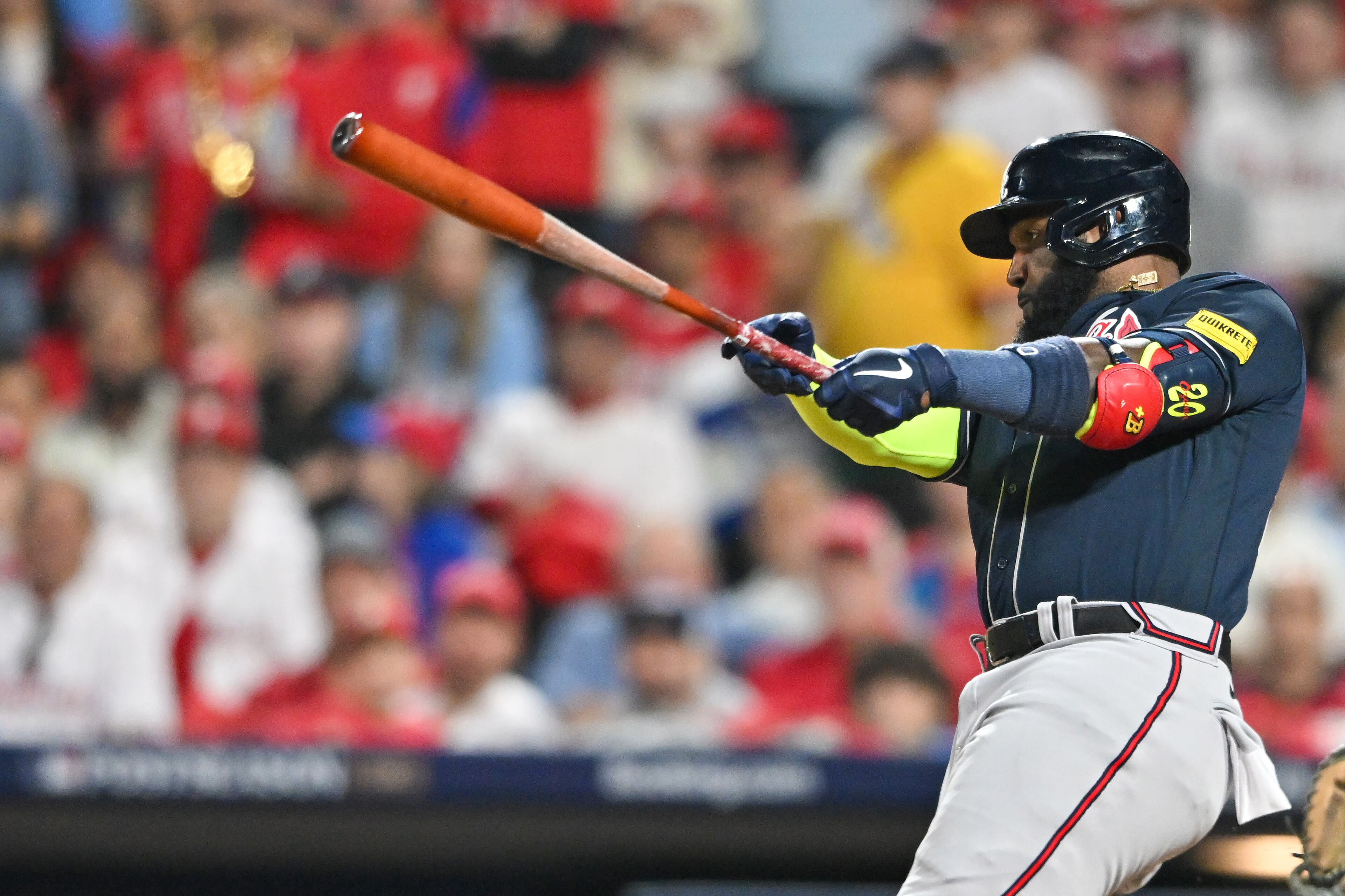 Atlanta Braves’ Marcell Ozuna (20) hits a single against the Philadelphia Phillies during the sixth inning of NLDS Game 3 in Philadelphia on Wednesday, Oct. 11, 2023. (Hyosub Shin / Hyosub.Shin@ajc.com)