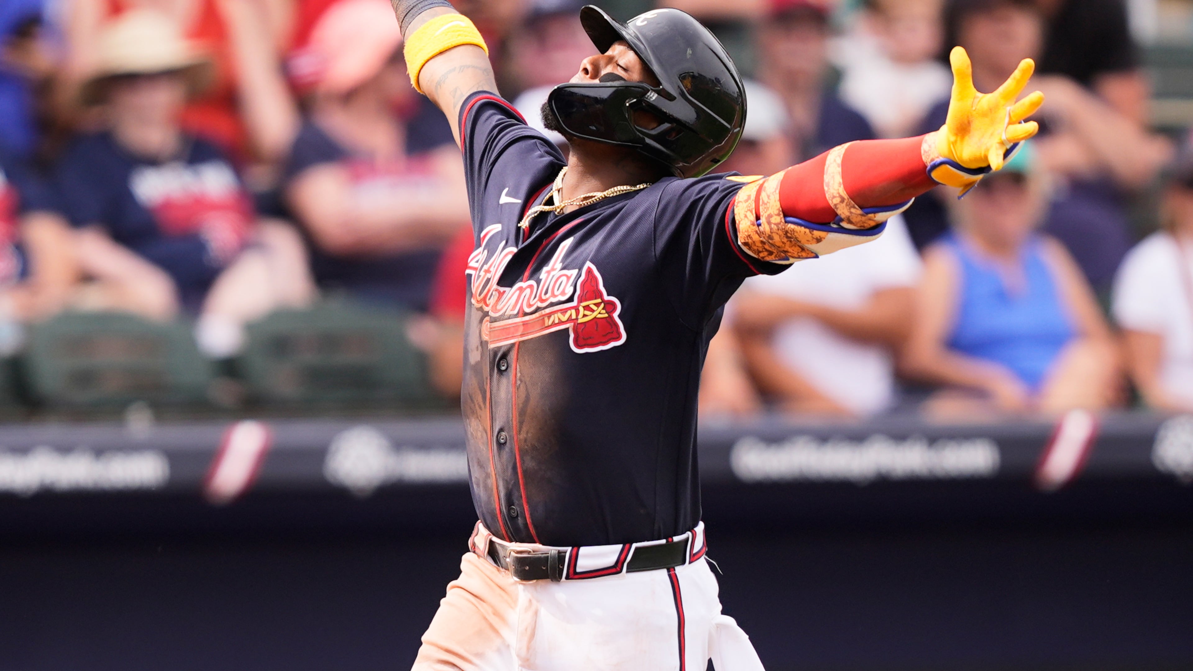 Atlanta Braves Ronald Acuna Jr. celebrates his grand slam home run in the third inning of a spring training baseball game against the Boston Red Sox in North Port, Fla., Friday, Feb. 27, 2026. (Gerald Herbert/AP)
