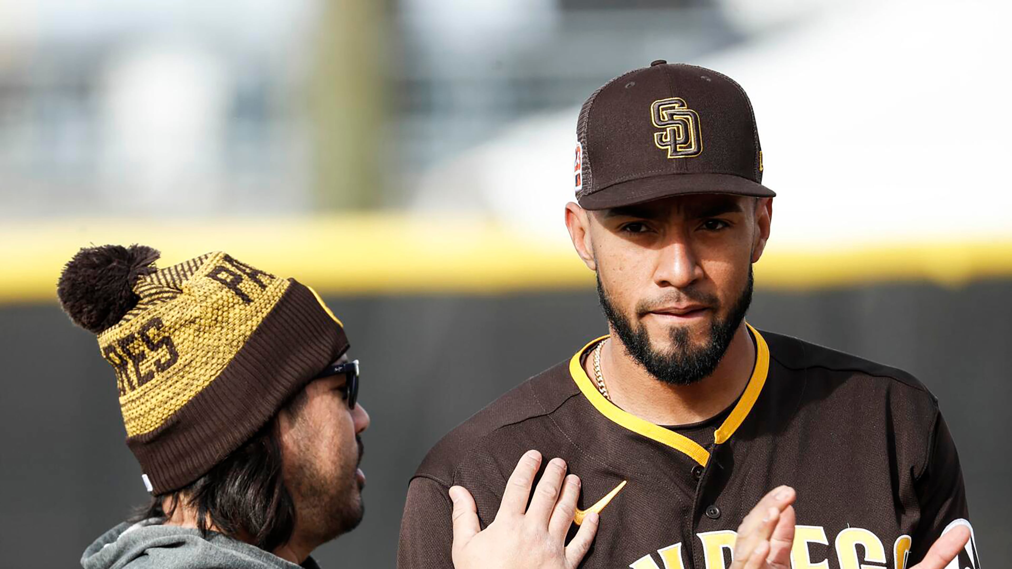 Padres relief pitcher Robert Suarez claps during a spring training practice at Peoria Sports Complex on Friday, Feb. 17, 2023, in Peoria, Arizona. Suarez has signed to play with the Braves. (Meg McLaughlin/The San Diego Union-Tribune/TNS)