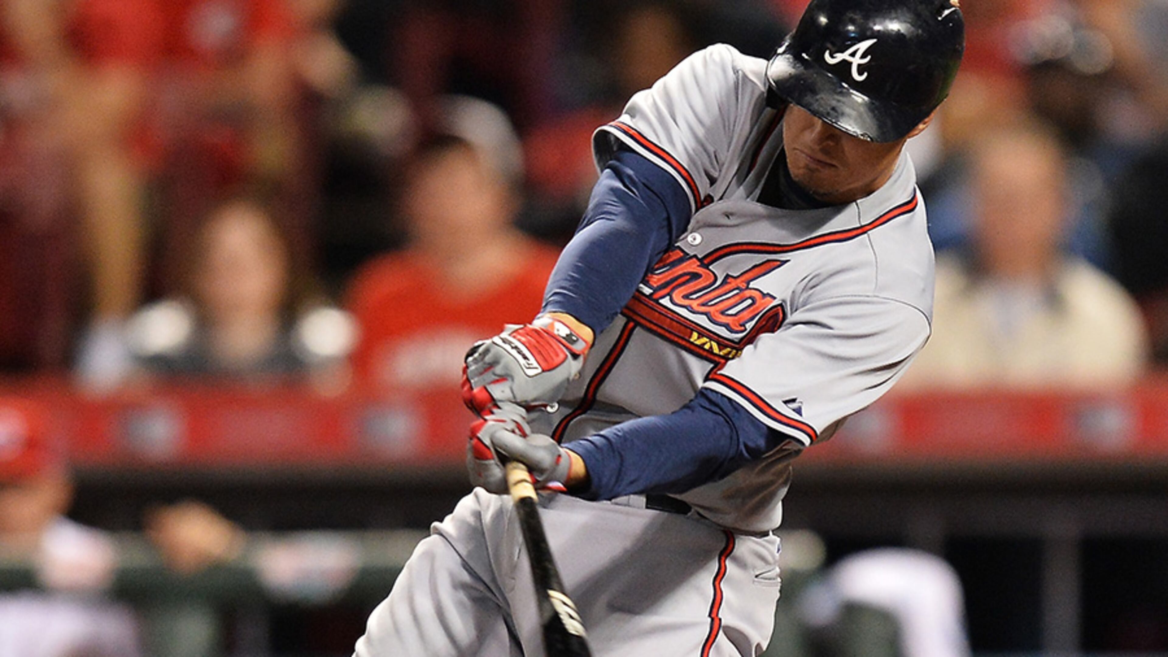 Kelly Johnson lines out in the fifth inning against the Cincinnati Reds at Great American Ball Park on May 11, 2015, in Cincinnati. Atlanta defeated Cincinnati 2-1.