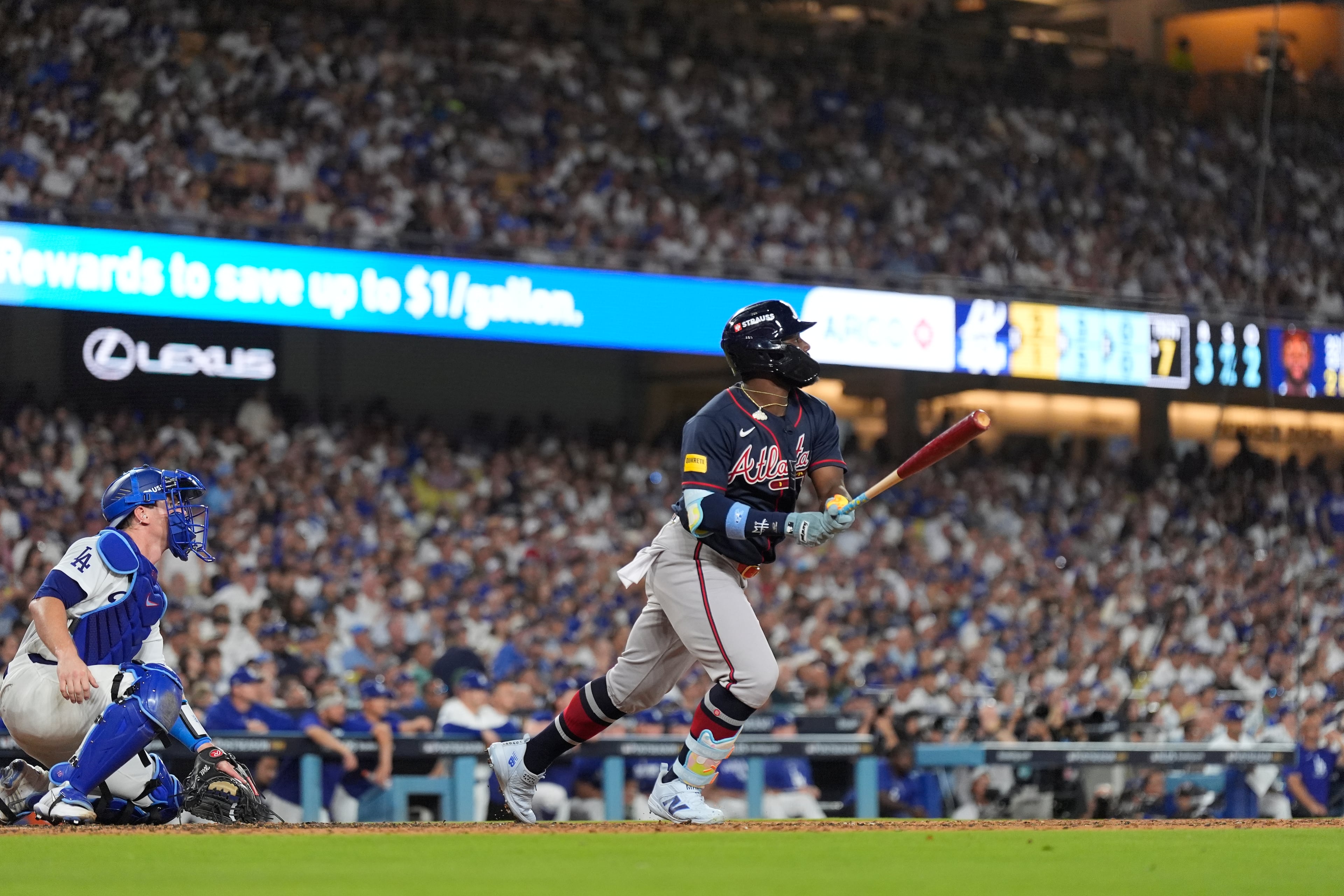 Atlanta Braves' Michael Harris II watches his RBI double during the seventh inning of Game 2 of a National League Division Series baseball game against the Los Angeles Dodgers Sunday, Oct. 4, 2026, in Los Angeles. (AP Photo/Mark J. Terrill)