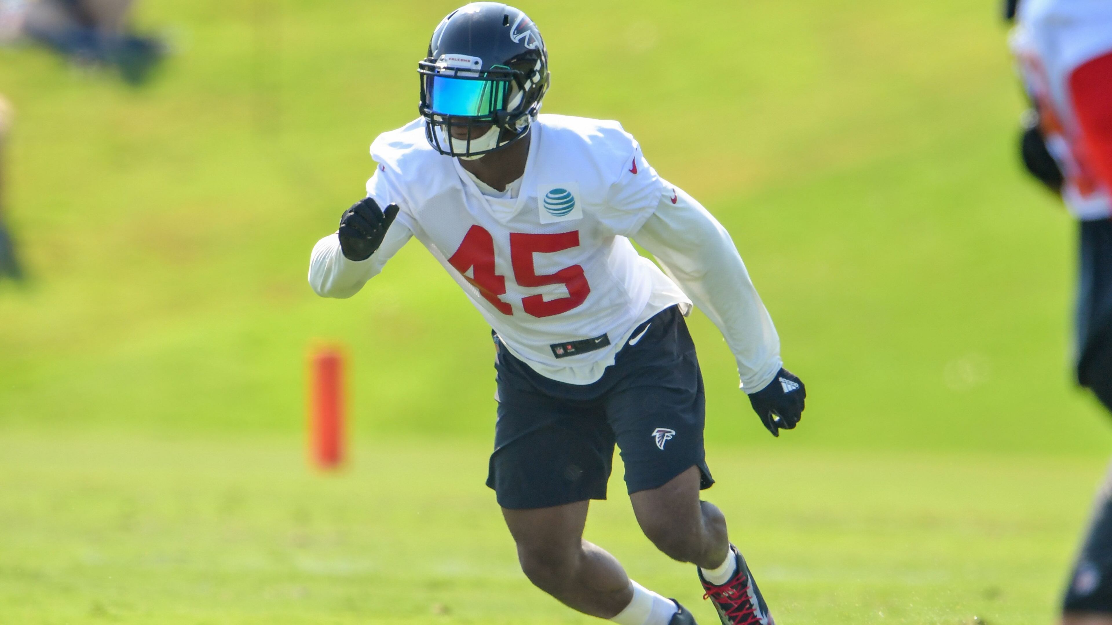 Atlanta Falcons linebacker Deion Jones (45) runs to the ball during Training Camp at Falcons Training Complex.