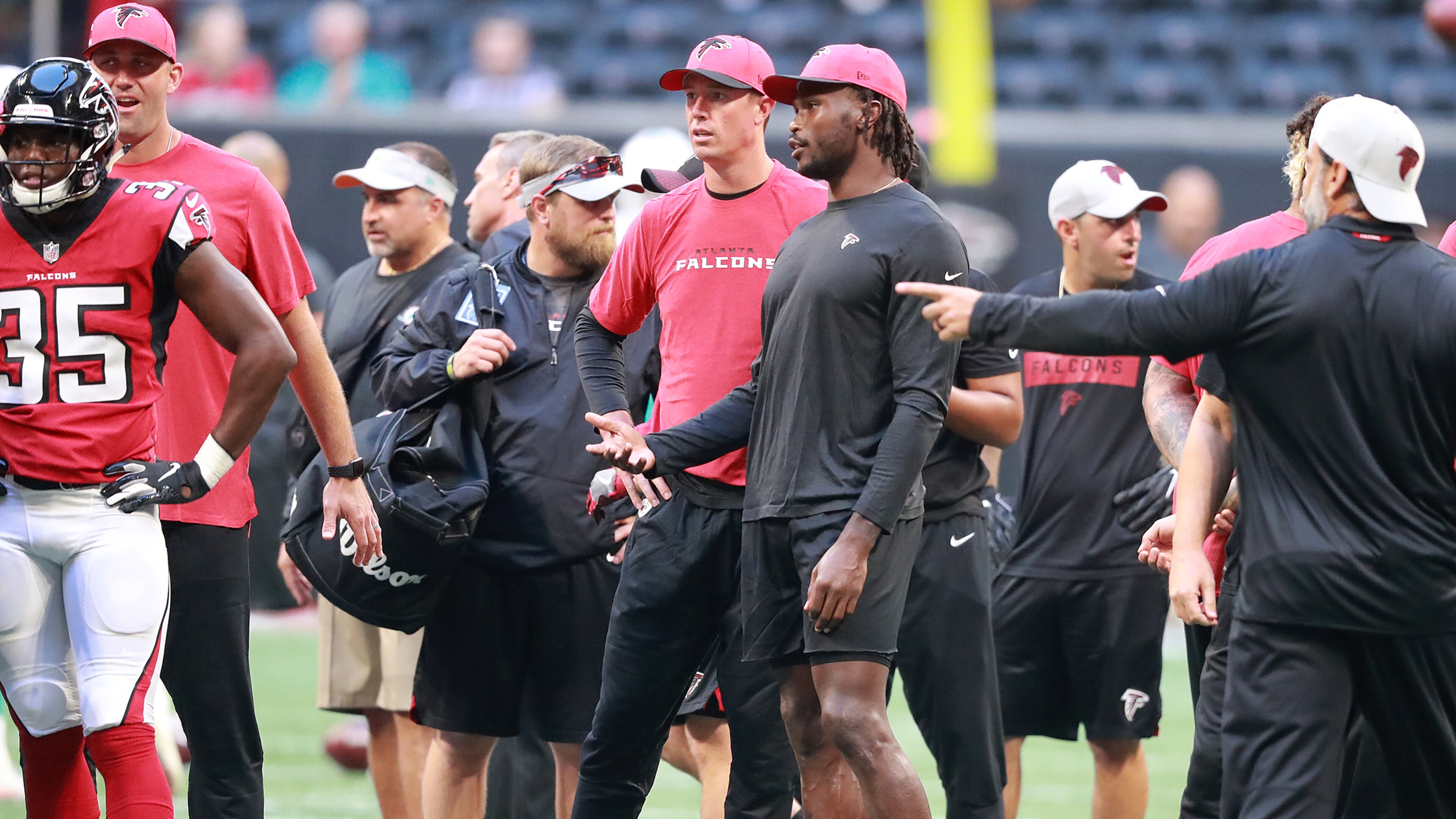 August 30, 2018 Atlanta: Atlanta Falcons Matt Ryan and Julio Jones are not dressed out for the final preseason game against the Miami Dolphins on Thursday, August 30, 2018, in Atlanta. Curtis Compton/ccompton@ajc.com