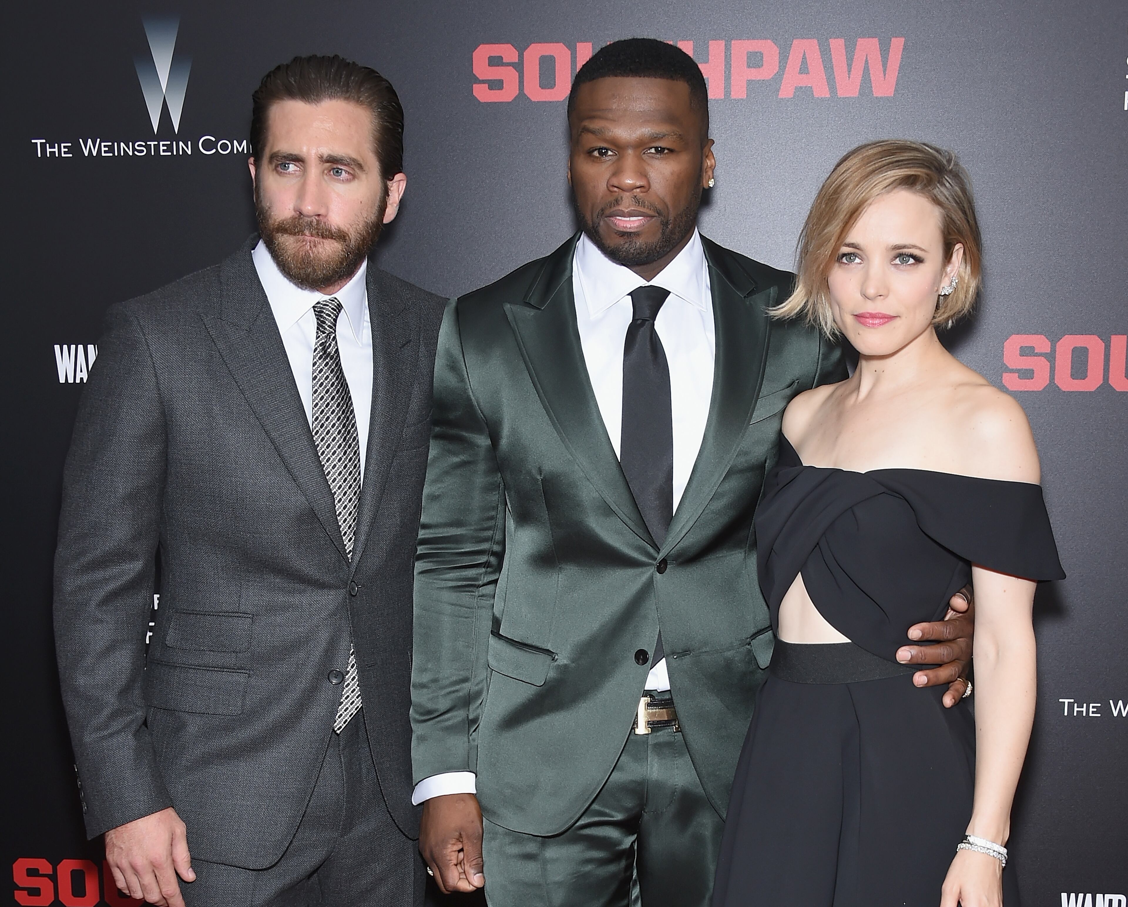 NEW YORK, NY - JULY 20: Jake Gyllenhaal, Rachel McAdams and rapper 50 Cent attend the 'Southpaw' New York Premiere at AMC Loews Lincoln Square on July 20, 2015 in New York City. (Photo by Dimitrios Kambouris/Getty Images)