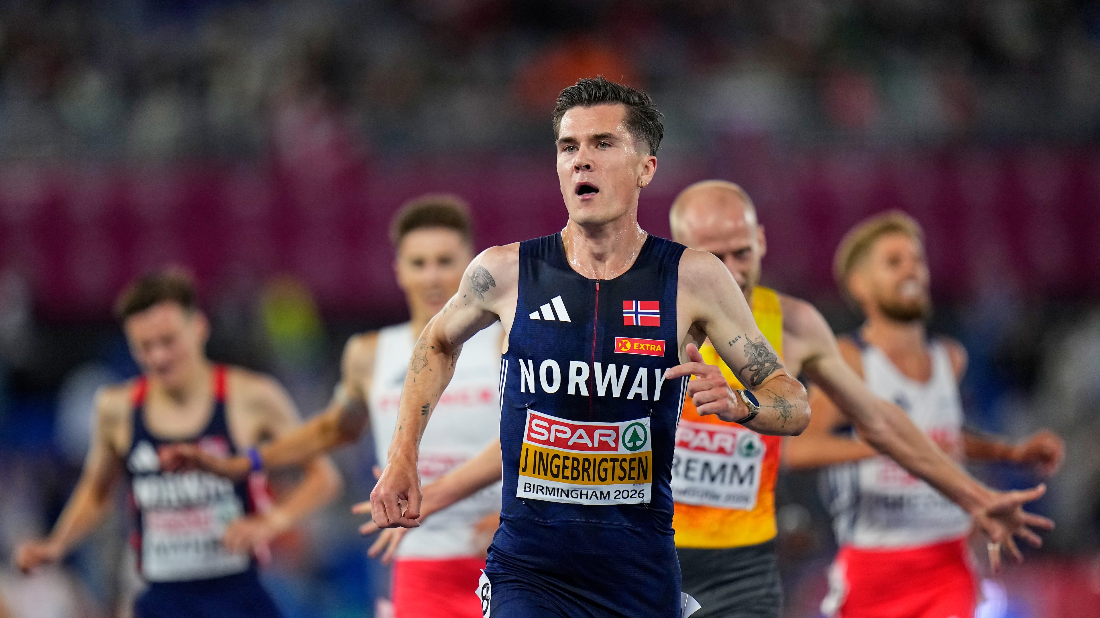 Norway's Jakob Ingebrigtsen races to win the gold medal in the men's 5,000 meters final at the European Athletics Championships in Birmingham, England, Sunday, Aug. 9, 2026. (AP Photo/Petr David Josek)