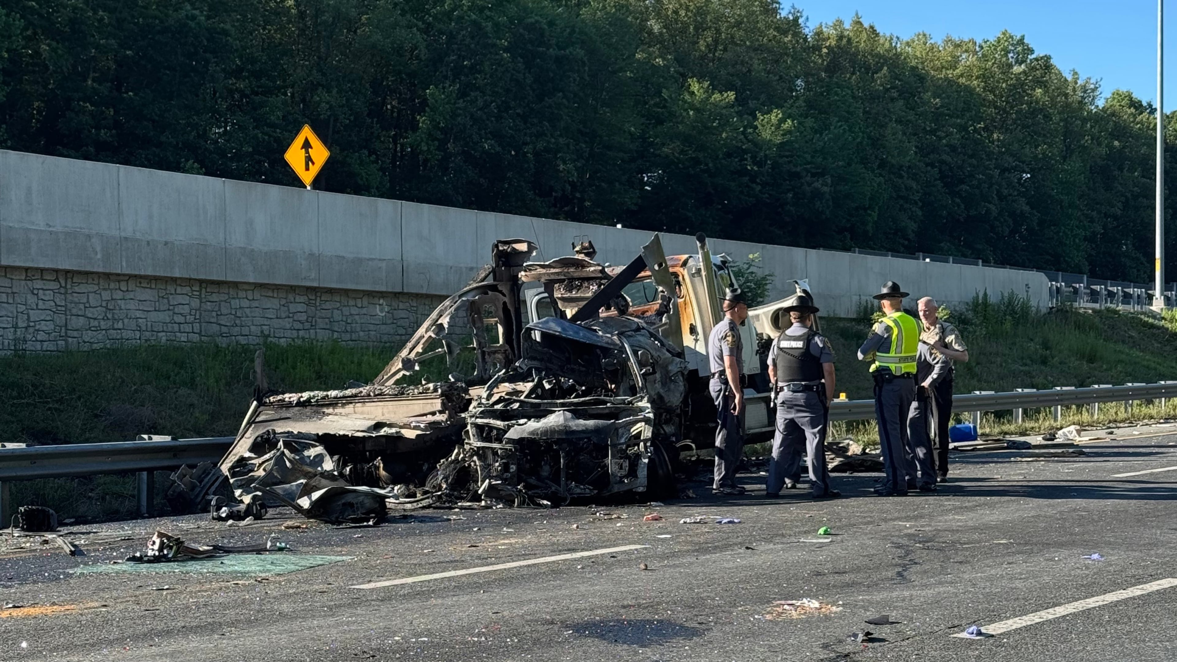 This photo provided by the Virginia State Police, shows the scene of a fatal accident involving a bus on Interstate 95 near Quantico, Va., on Friday, May 29, 2026. (Virginia State Police via AP)