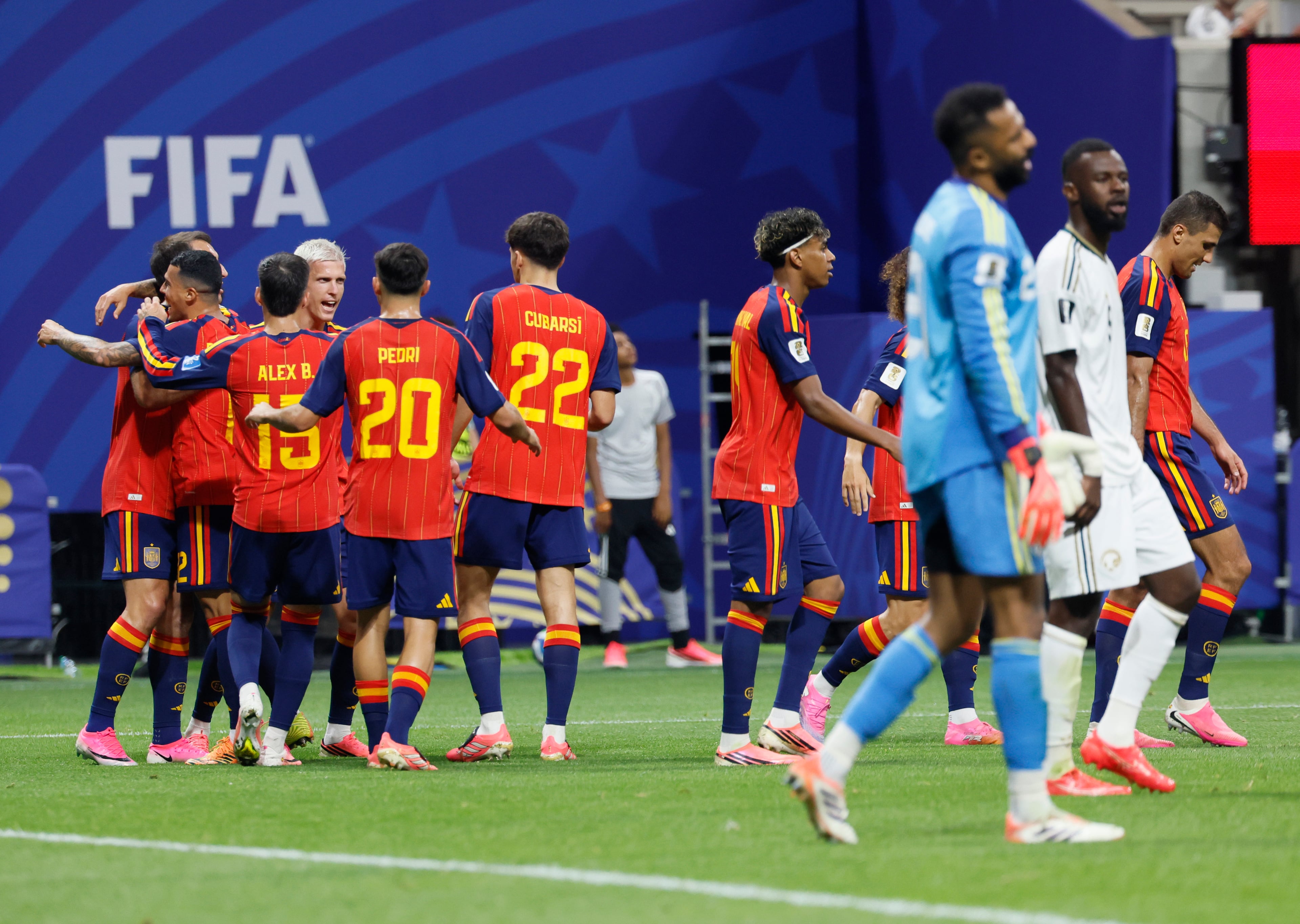 Spain celebrates Mikel Oyarzabal's second goal during the first half of the Spain vs. Saudi Arabia World Cup match Sunday, June 21, 2026, at Atlanta Stadium. (Miguel Martinez/AJC)