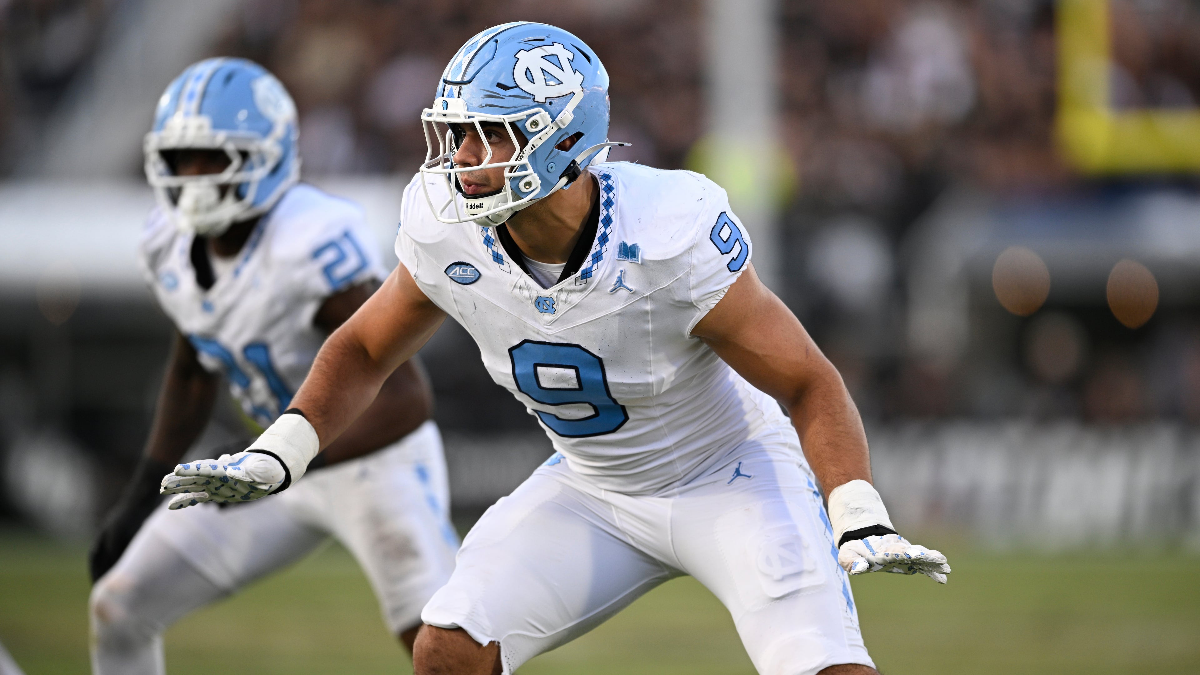 FILE - North Carolina defensive lineman Melkart Abou-Jaoude (9) follows a play against Central Florida during the second half of an NCAA football game, Sept. 20, 2025, in Orlando, Fla. (AP Photo/Phelan M. Ebenhack, File)