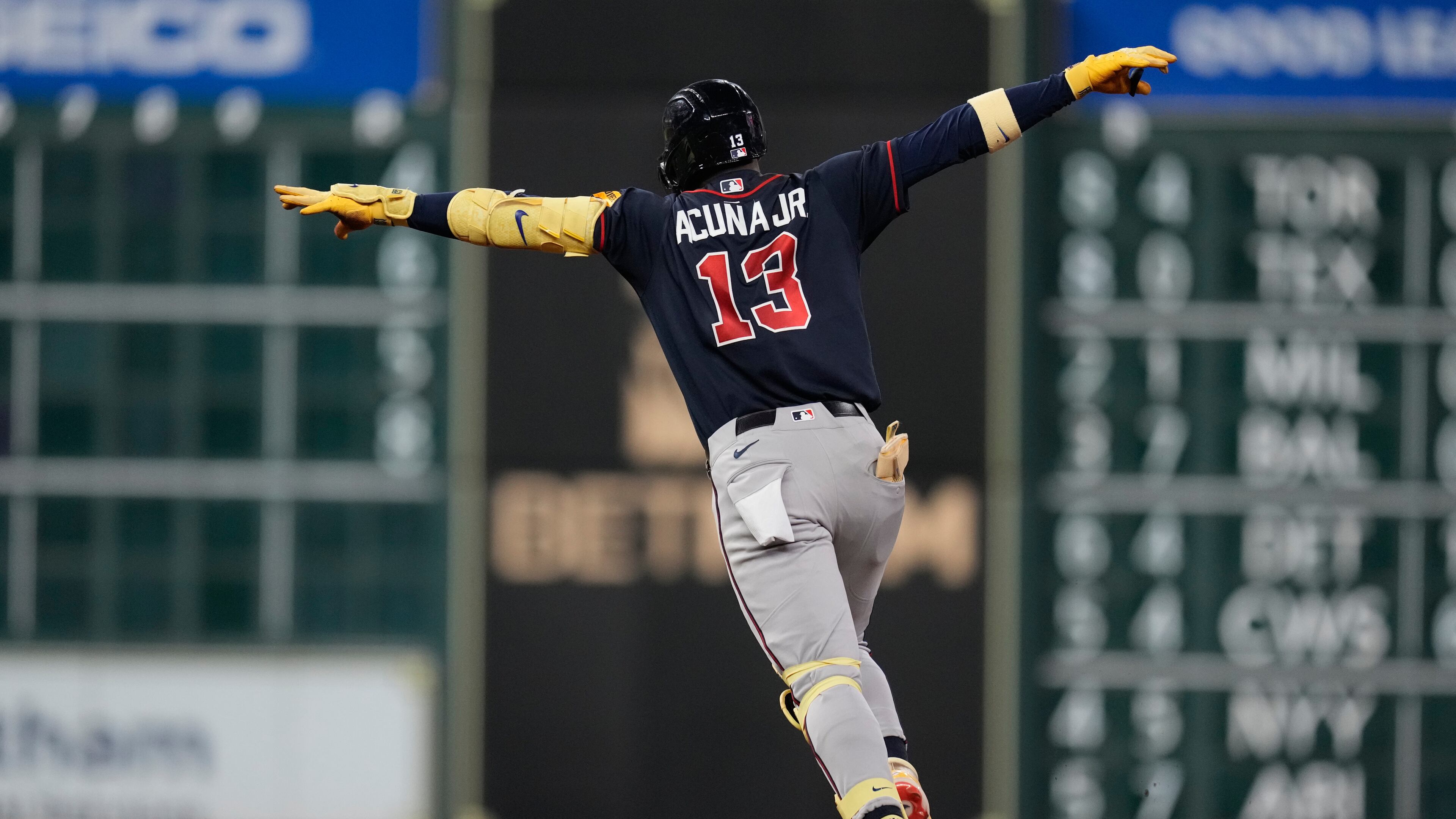 Atlanta Braves' Ronald Acuña Jr. celebrates after hitting a home run during the seventh inning of a baseball game against the Houston Astros in Houston, Friday, Sept. 18, 2026. (AP Photo/Ashley Landis)