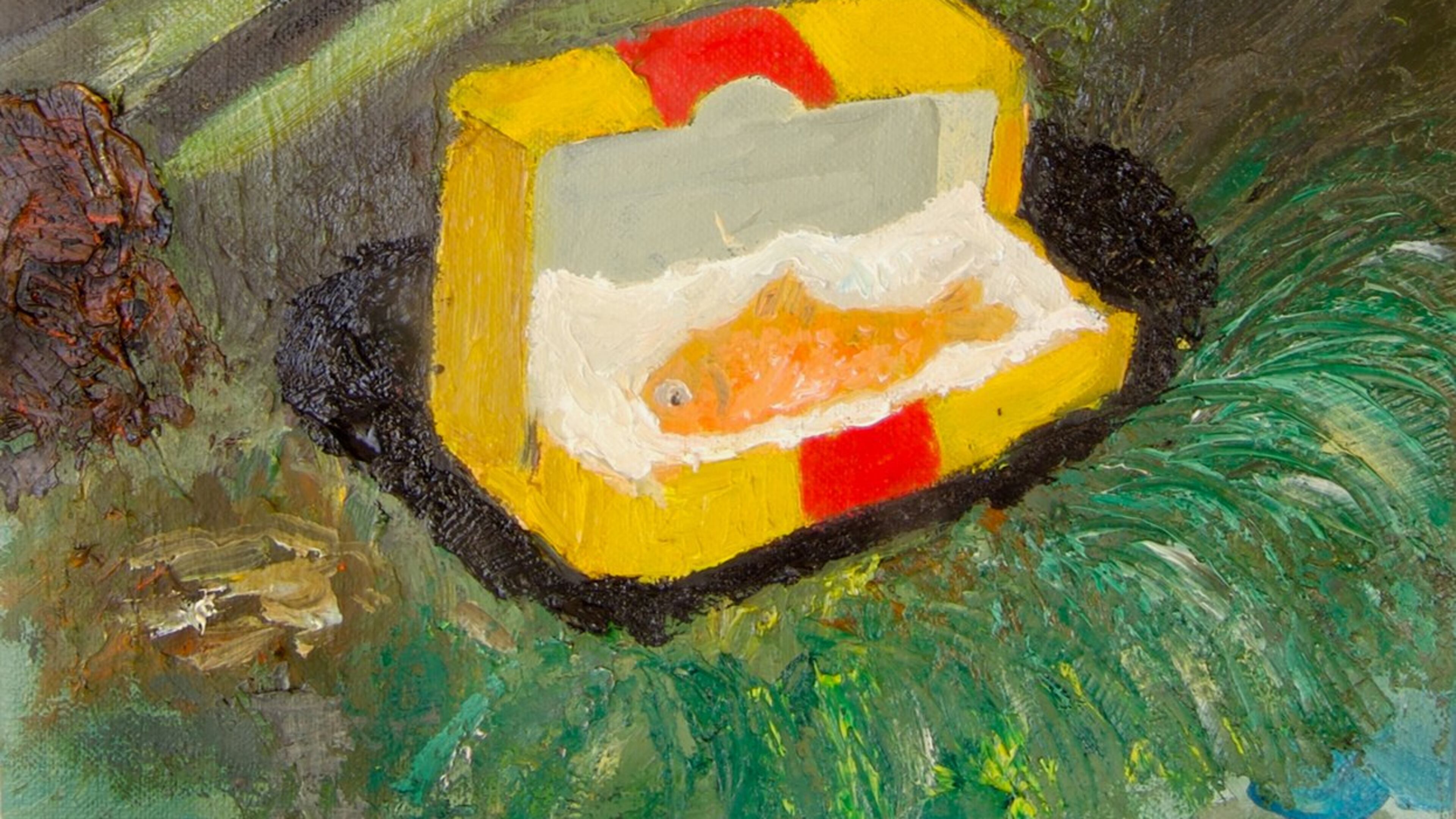 “The Goldfish Were Buried in Slide Boxes” (2012), in oil on linen, is featured in Nashville, Tenn., artist Mary Addison Hackett’s solo exhibition at Marcia Wood Gallery, “A Tin of Egyptian Cigarettes.”