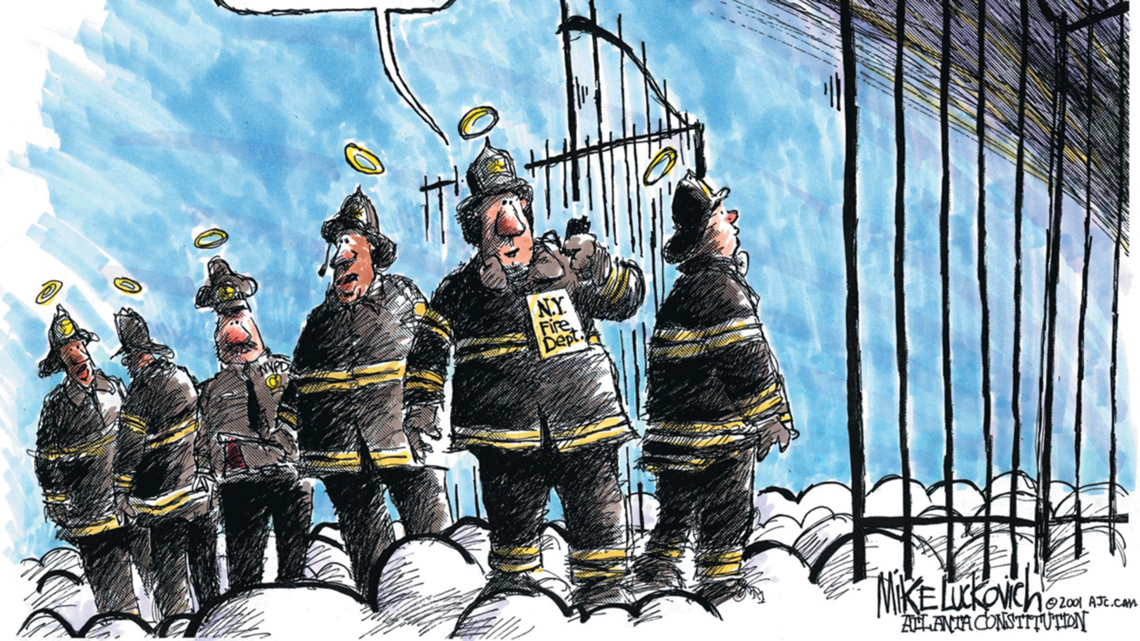 Mike Luckovich editorial cartoon for Thur. Sep. 13, 2001. This is a memorial tribute to the New York City police and firefighters that perished in the terrorist atttack on the World Trade Center.