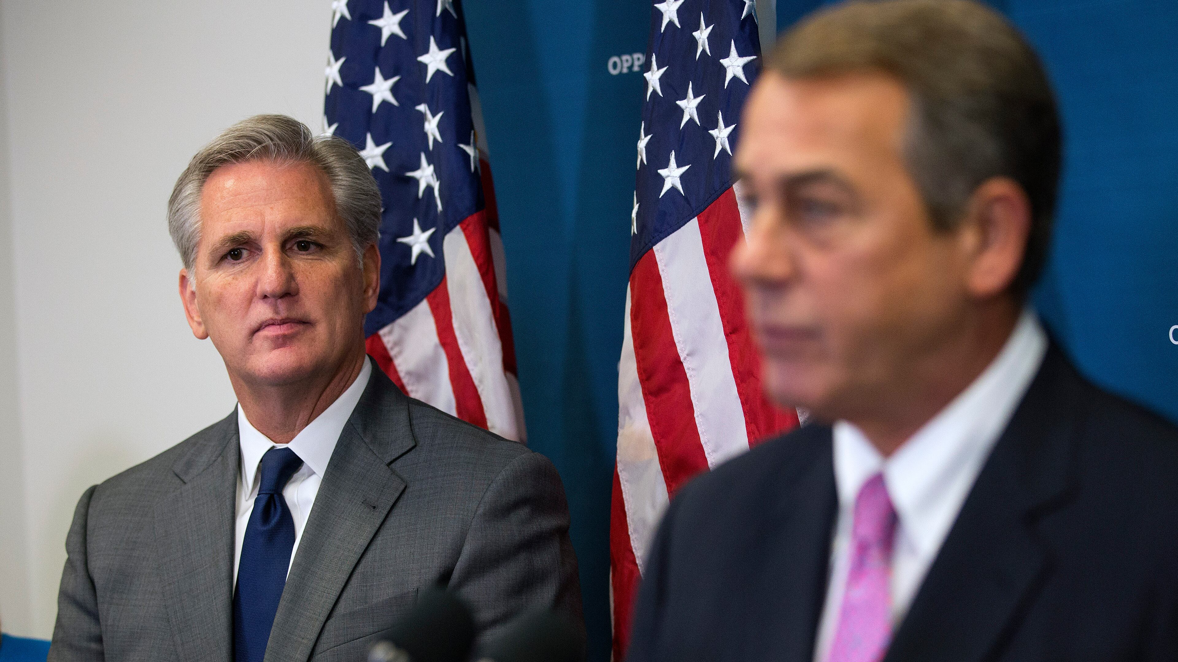 House Majority Leader Kevin McCarthy (R-Calif.) looks on as House Speaker John Boehner (R-Ohio) speaks during a news conference following a House leadership meeting on Capitol Hill, in Washington, Oct. 7, 2015. (Doug Mills/The New York Times)