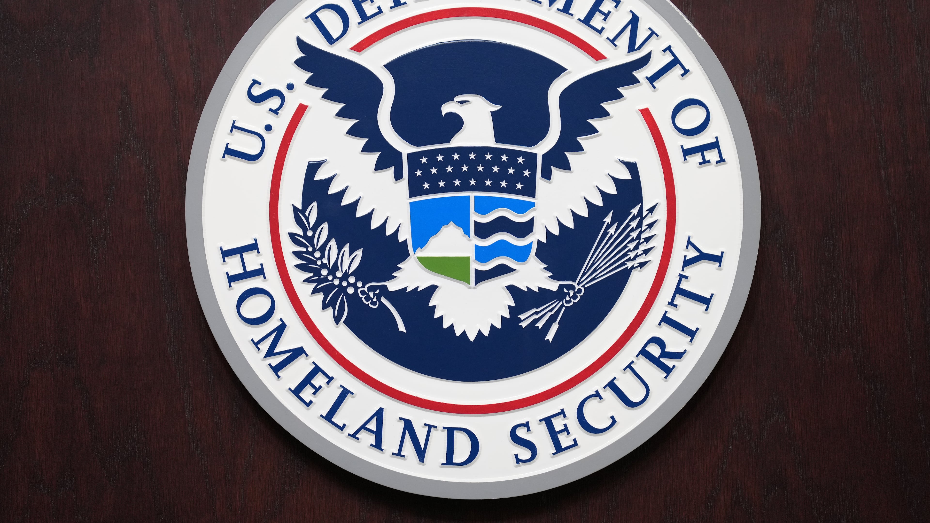 U.S. Department of Homeland Security sign, is seen during a news conference at ICE Headquarters, Friday, Oct. 9, 2026, in Washington. (AP Photo/Jacquelyn Martin)