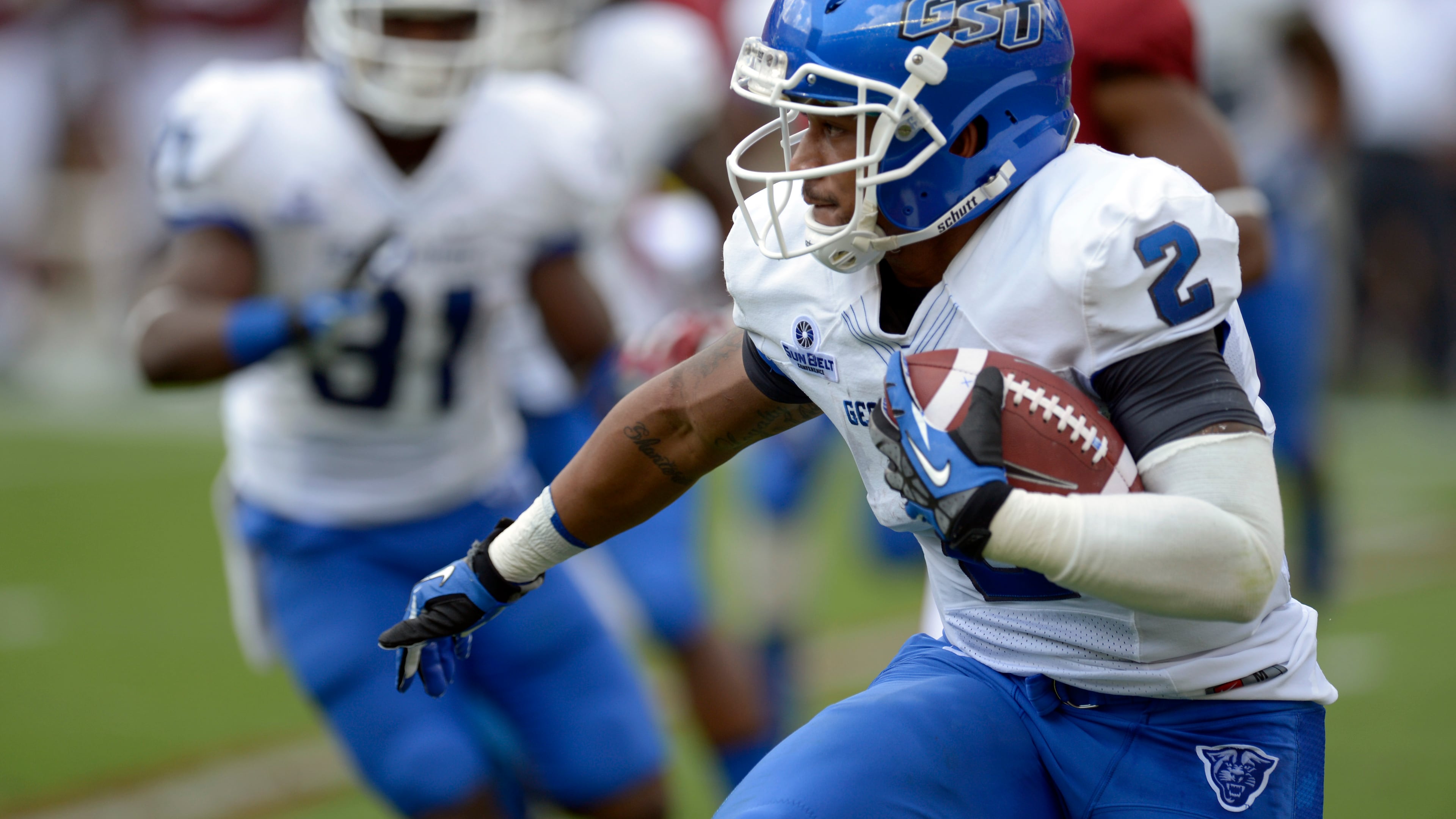 Oct 5, 2013; Tuscaloosa, AL, USA; Georgia State Panthers wide receiver Albert Wilson (2) carries against the Alabama Crimson Tide during the second quarter at Bryant-Denny Stadium. Mandatory Credit: John David Mercer-USA TODAY Sports
