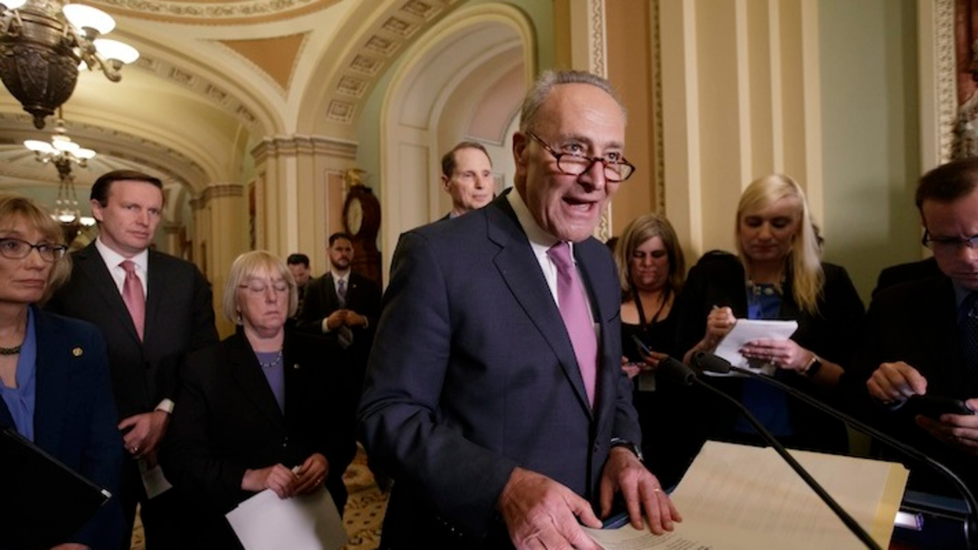 Senate Minority Leader Chuck Schumer, D-N.Y., joined by, from left, Sen. Maggie Hassan, D-N.H., Sen. Chris Murphy, D-Conn., Sen. Patty Murray, D-Wash., and Sen. Ron Wyden, D-Ore., criticizes the new Republican health care plan designed to replace Obamacare, on Capitol Hill in Washington, Tuesday, March 7, 2017. (AP Photo/J. Scott Applewhite)